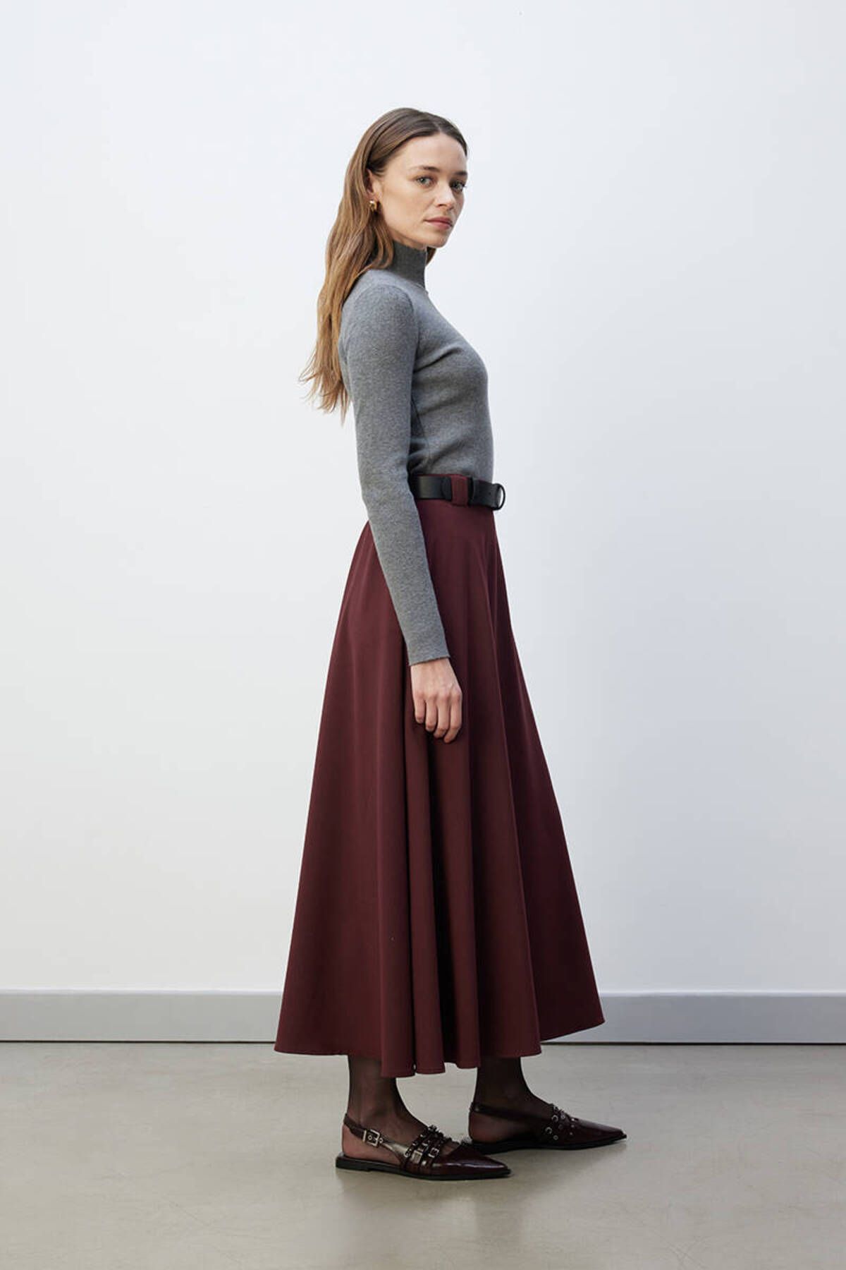 BE BLUE-Claret Red Flounce Skirt 4
