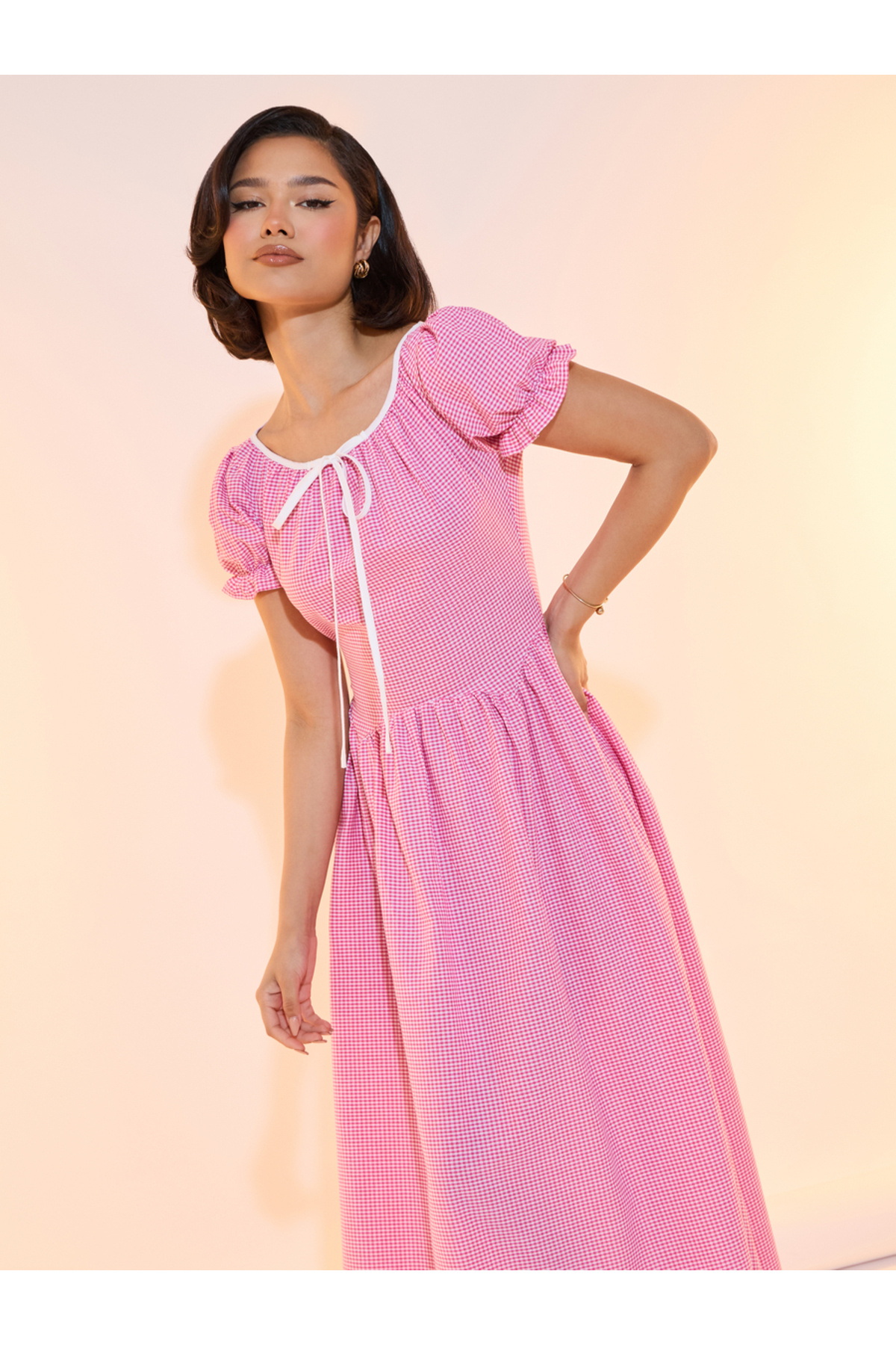 Take Two By Styli-Gingham Check A-Line Maxi Dress with Bow Detail 5