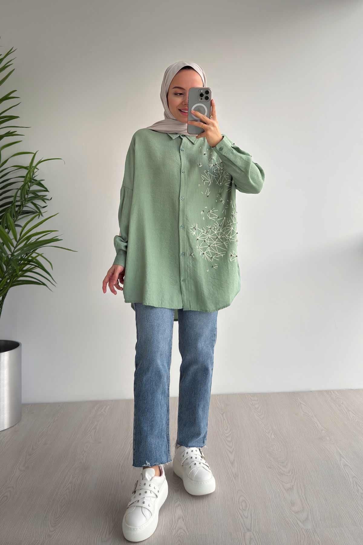 Ka Hijab-Green Stone and Bead Embroidered Shirt 3