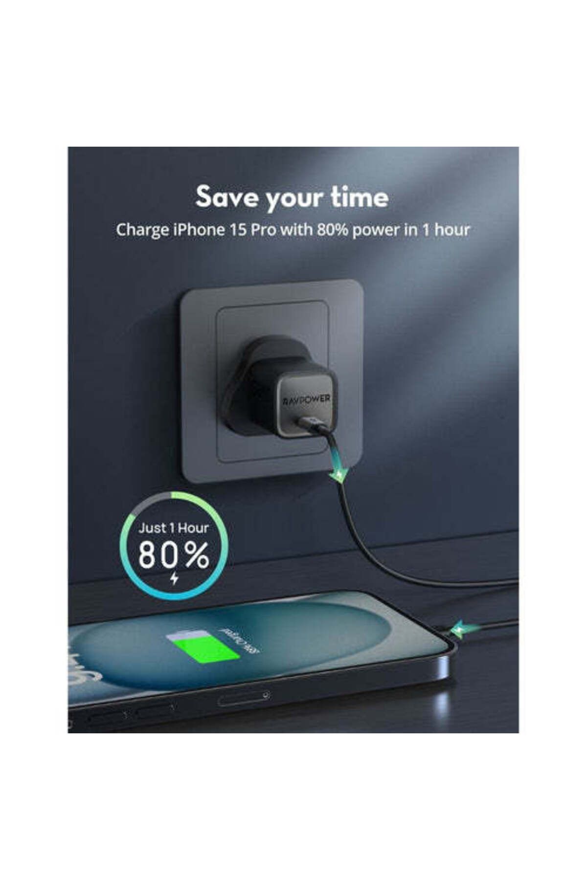 RavPower-20W GaN Tech PD USB-C Wall Charger With Type-C to Lightning Charging Cable, Black 3