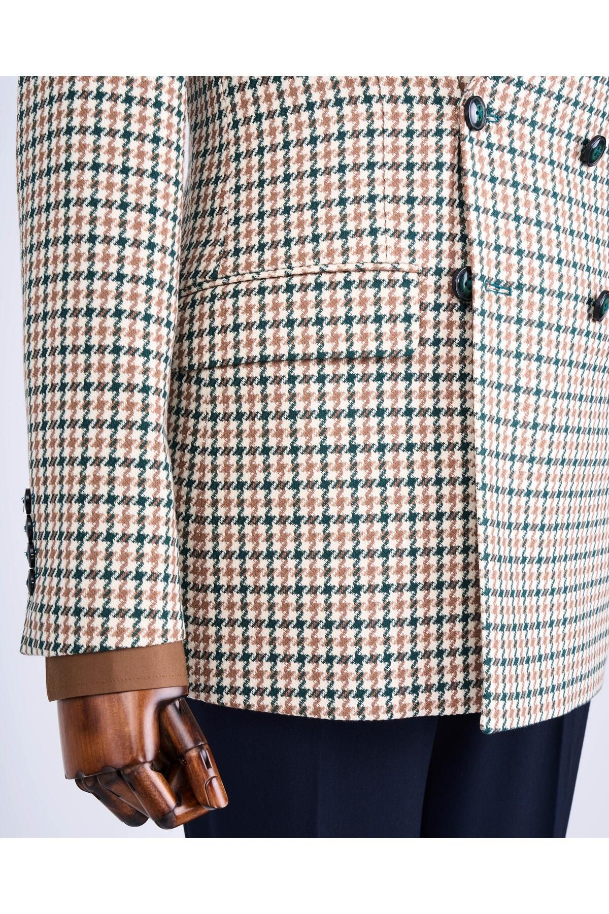 TerziAdemAltun-Italian Style Slim Fit Houndstooth Pattern Double Breasted Men's Coat Green T13049 6