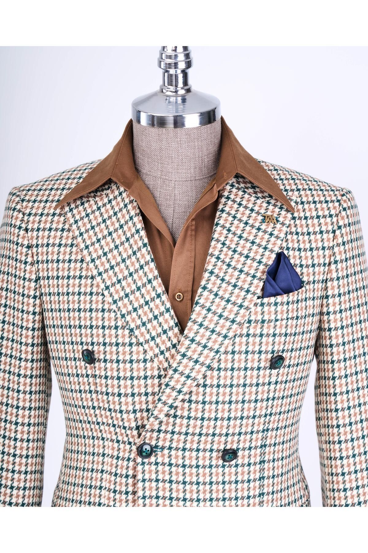 TerziAdemAltun-Italian Style Slim Fit Houndstooth Pattern Double Breasted Men's Coat Green T13049 2