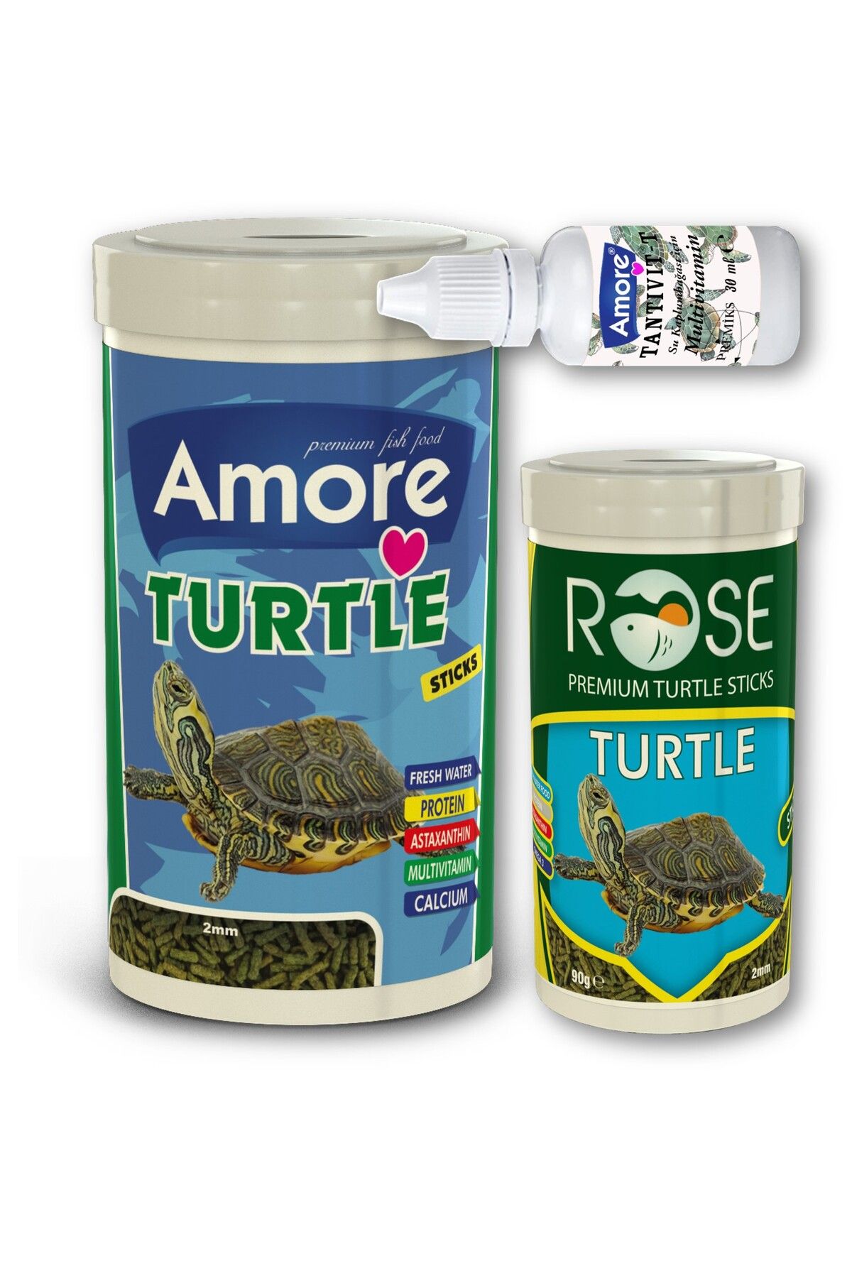 AMORE Turtle Green Sticks 250ml, Rose Turtle 100ml Sürüngen ve Yüzen Kaplumbağa Yemi, Multivitamin