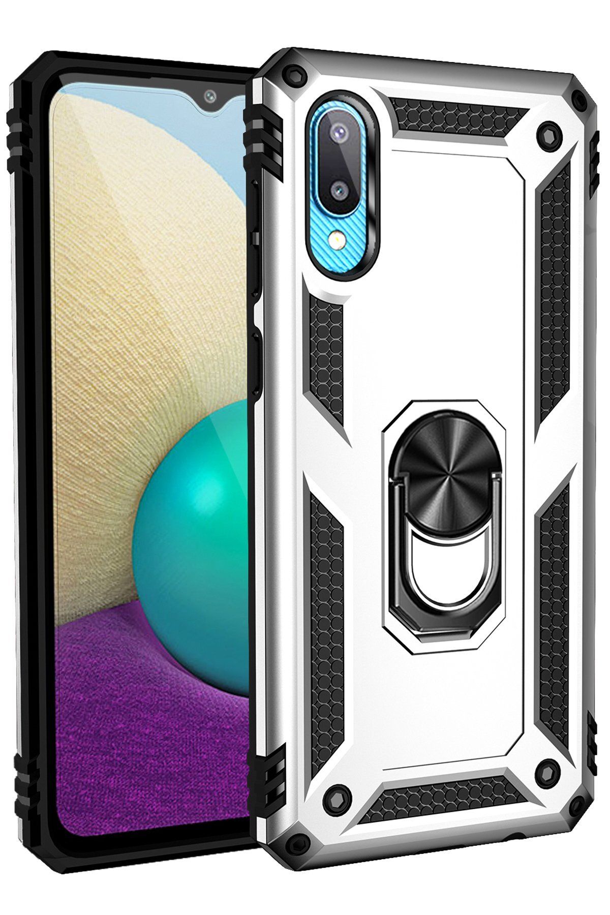 NewFace Samsung Galaxy A02 Kılıf Sofya Yüzüklü Silikon Kapak - Gümüş ZRNET