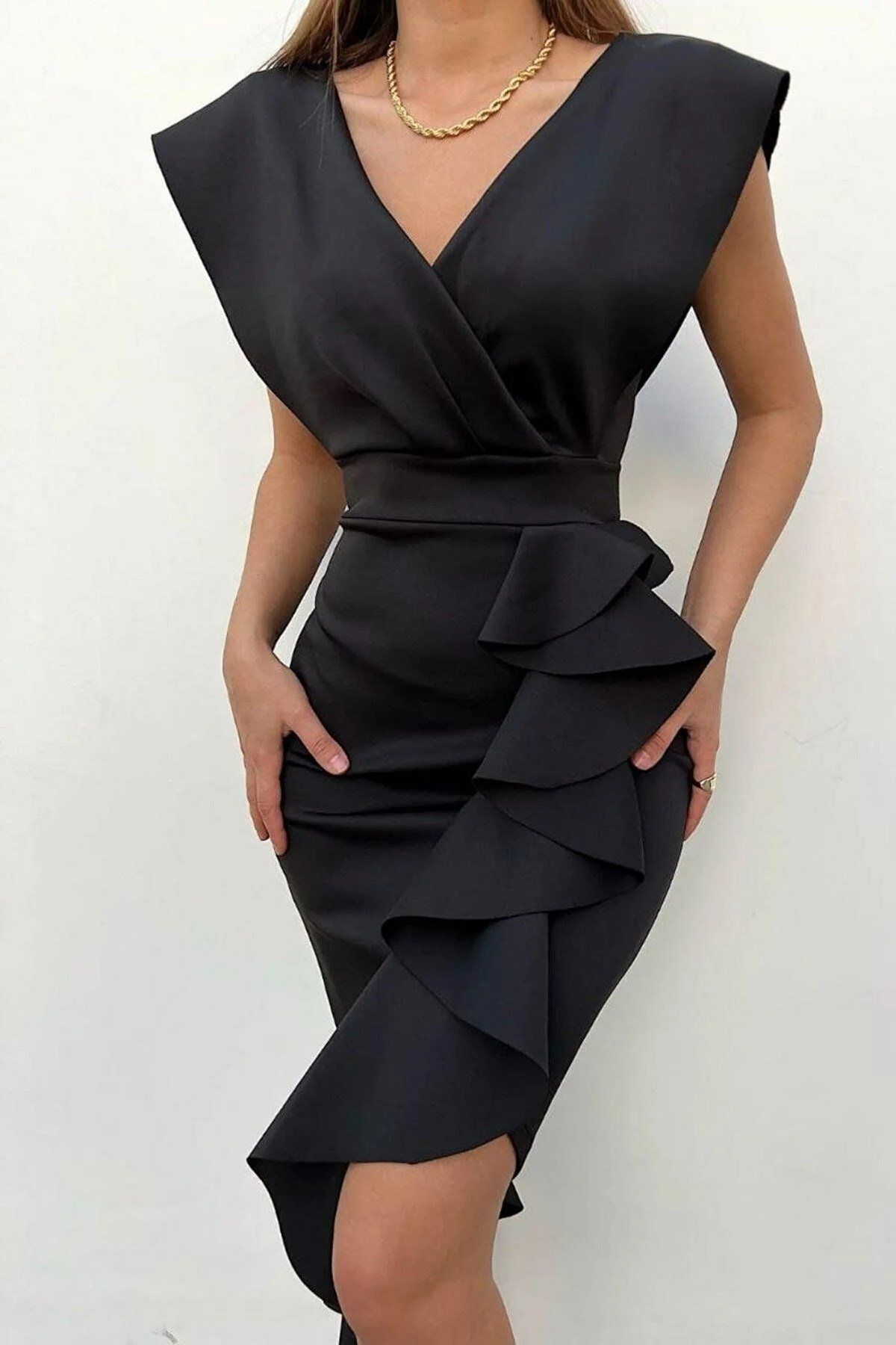Deafox Schulterfreies Volantkleid aus Scuba-Stoff