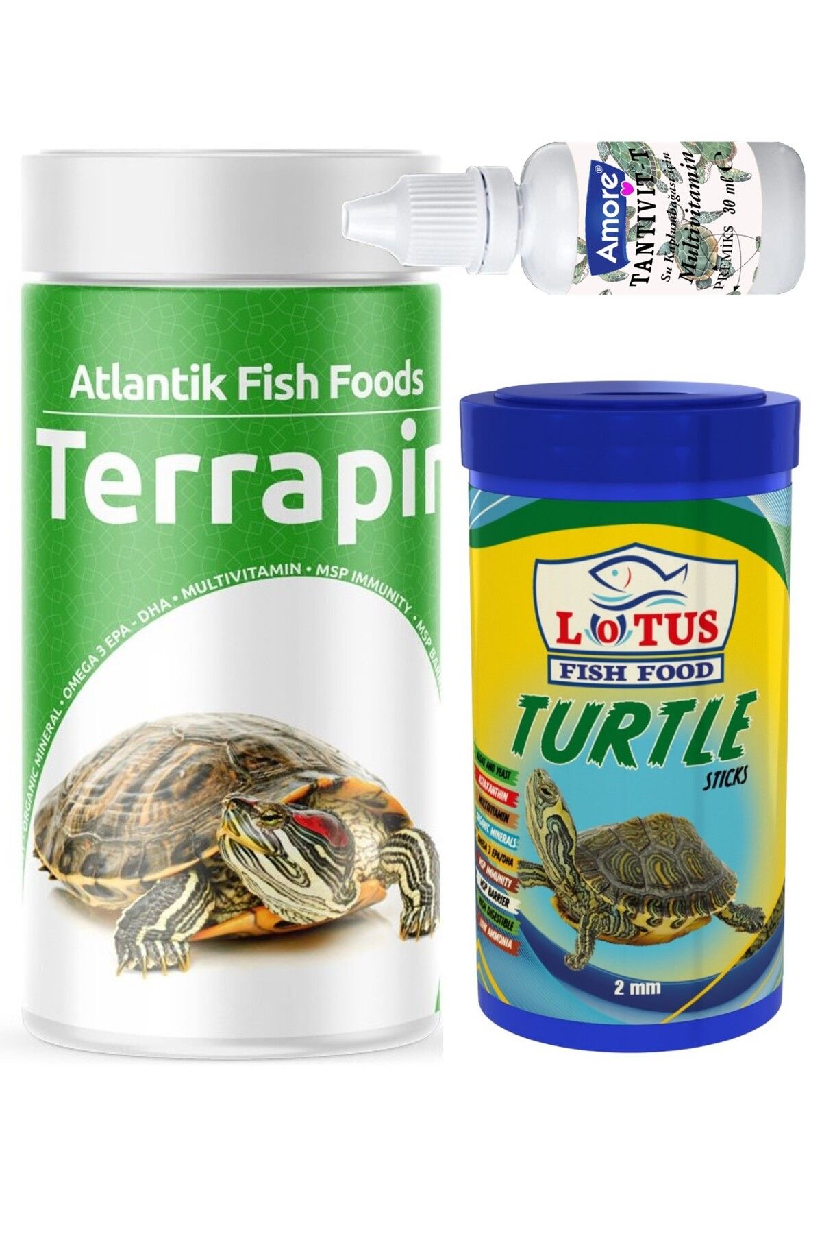 ATLANTİK Terrapin Turtle Sticks 250ml, Lotus 100ml Turtle Sürüngen ve Yüzen Kaplumbağa Yemi, Multivitamin