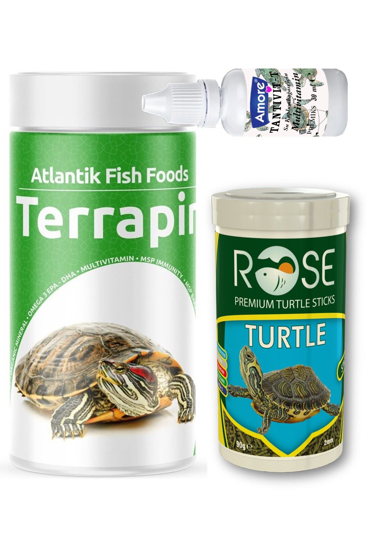 ATLANTİK Terrapin Turtle Sticks 250ml, Rose 100ml Turtle Sürüngen ve Yüzen Kaplumbağa Yemi, Multivitamin
