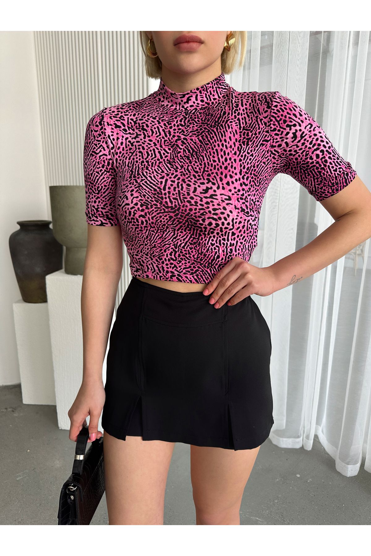 Look Forward-Bluză de damă, fucsia, leopard, cu guler în picioare, cu mânecă scurtă, din viscoză 3