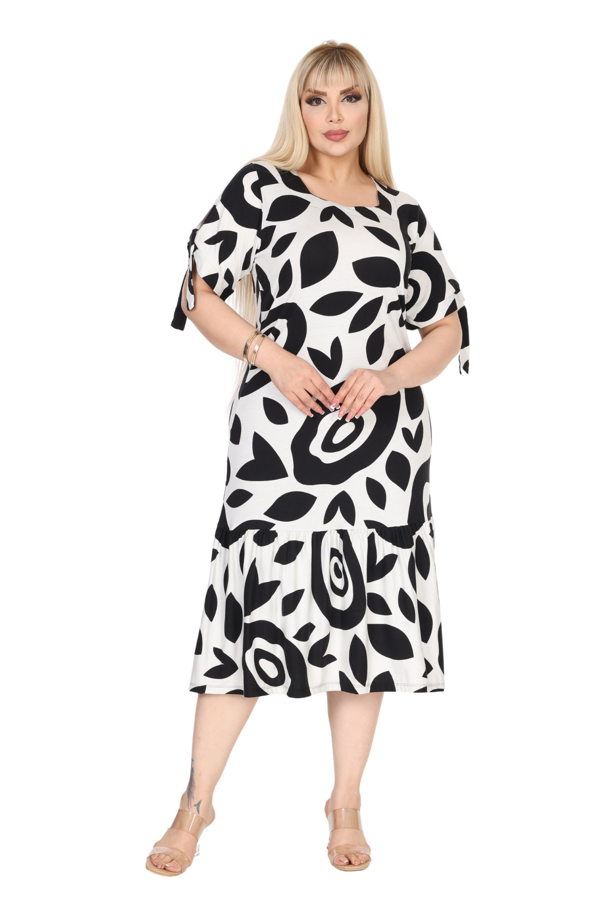 MELSAY-Women's Square Neck Short Sleeve White Evil Eye Pattern Sleeves Rope Lacing Plus Size Dress 4
