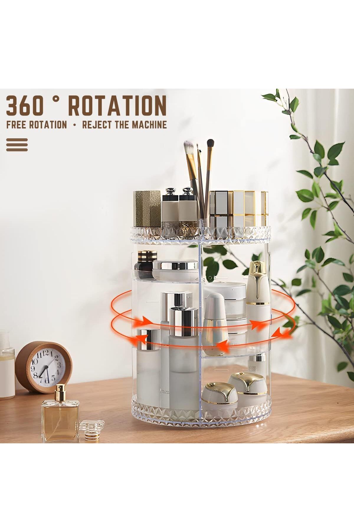 AWH-Rotating Makeup Organizer with Compartments, 3-Tier Acrylic Clear 360° Spinning Storage Display 4