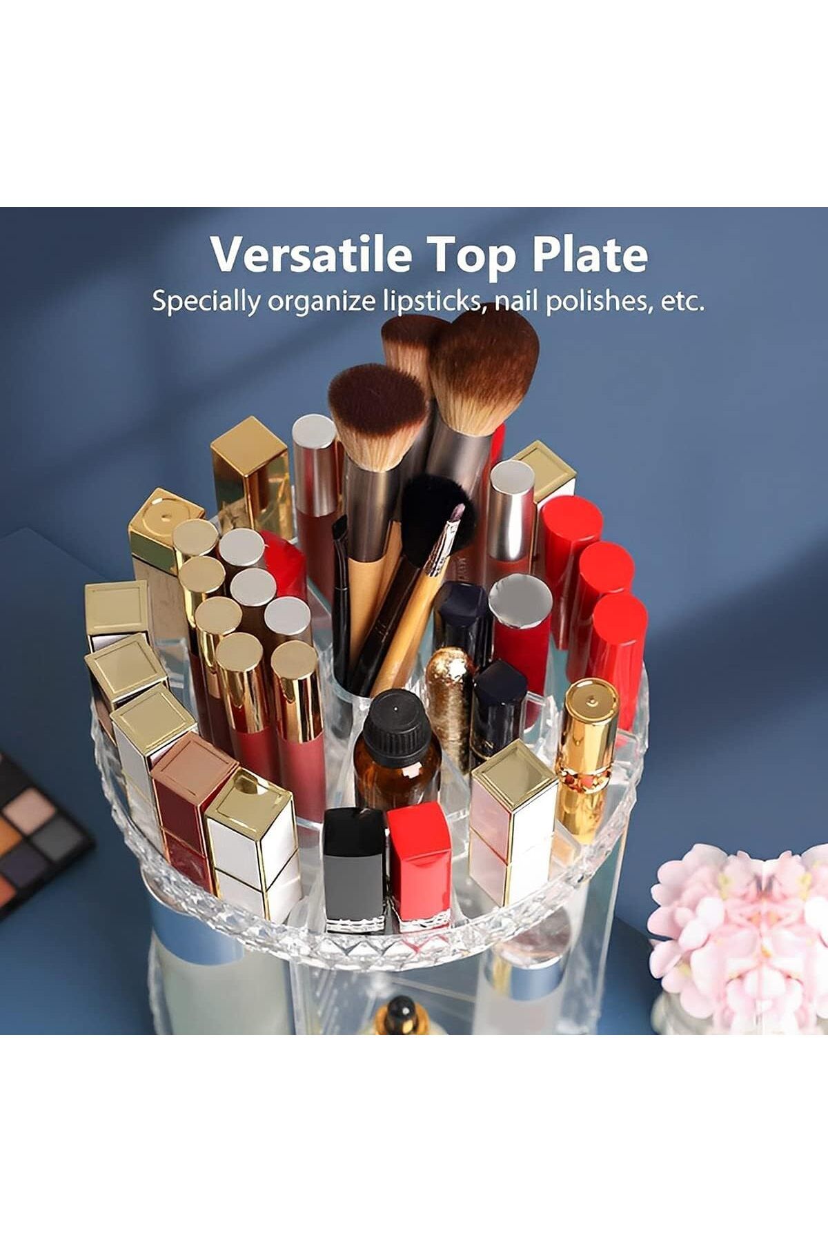 AWH-Rotating Makeup Organizer with Compartments, 3-Tier Acrylic Clear 360° Spinning Storage Display 6
