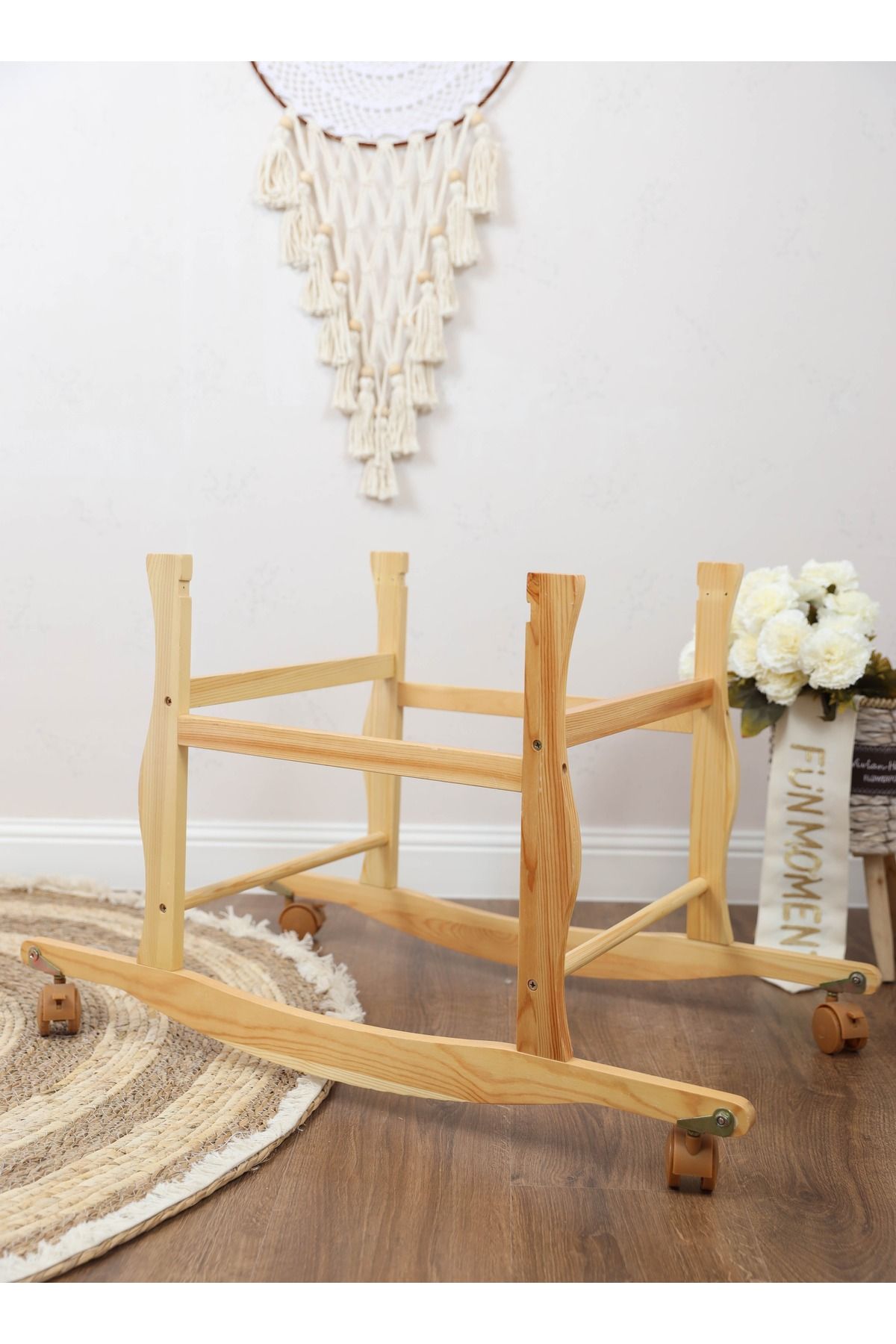 Fun Moment- Moses Basket Beige Color with Wooden Stand on Wheels 4