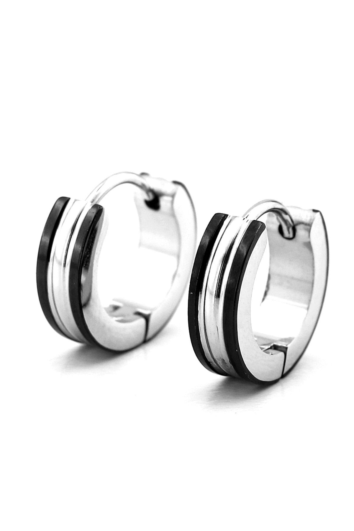 Solfera-Silver Color Stainless Steel Men's Hoop Earrings with Black and White Stripe Er140 1