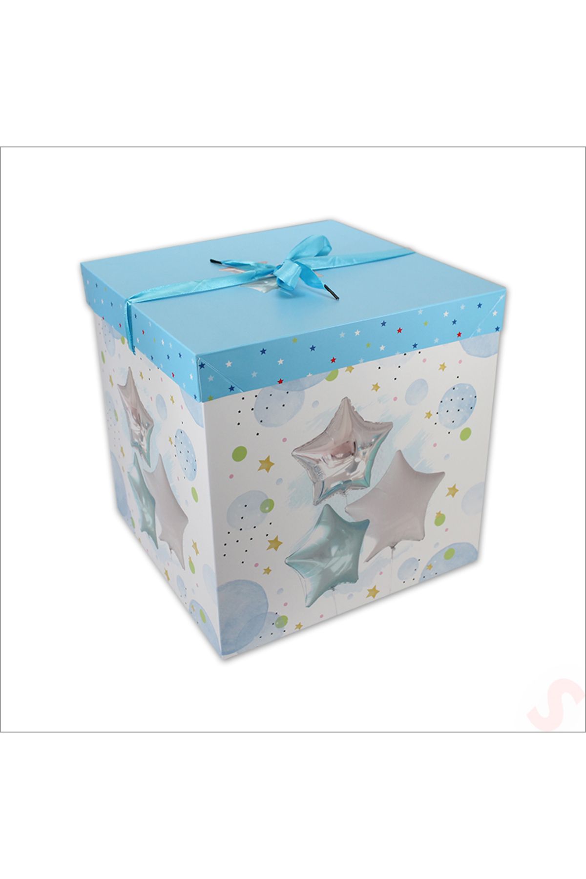 Mikasso Kapaklı, Katlanır Demonte Karton Kutu, 30cm - Balon & Mavi Mavi 30 x 30 x 30 Tekli Hediye Paketi