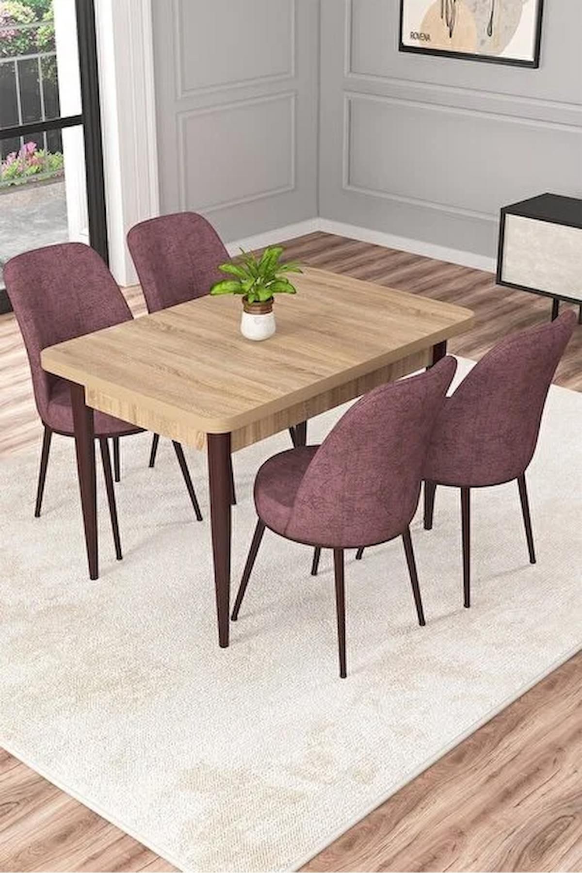Duru Meşe 70x110 Sabit Mdf Yemek Odası Takımı Metal Ayaklı 4 Adet Gül Kurusu Sandalye-1