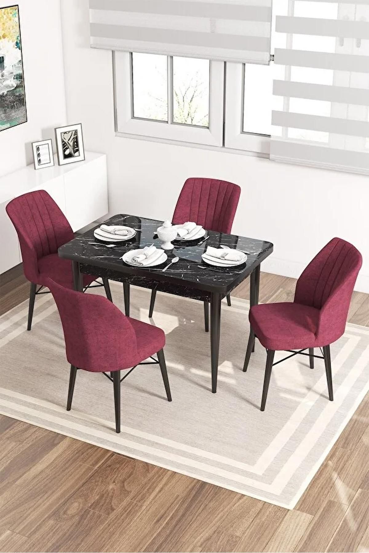 Lera Siyah Mermer 70x110 Sabit Mdf Yemek Odası Takımı Gürgen Ayaklı 4 Adet Bordo Sandalye-0