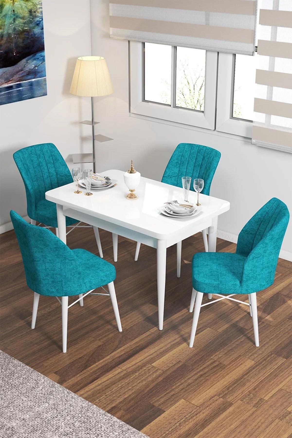 Lera Beyaz 70x110 Sabit Mdf Yemek Odası Takımı Gürgen Ayaklı 4 Adet Turkuaz Sandalye