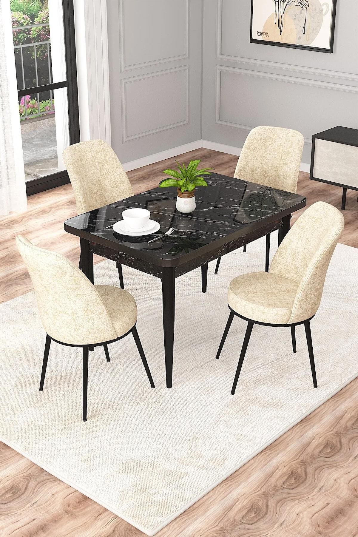 Duru Siyah Mermer 70x110 Sabit Mdf Yemek Odası Takımı Metal Ayaklı 4 Adet Krem Sandalye-0