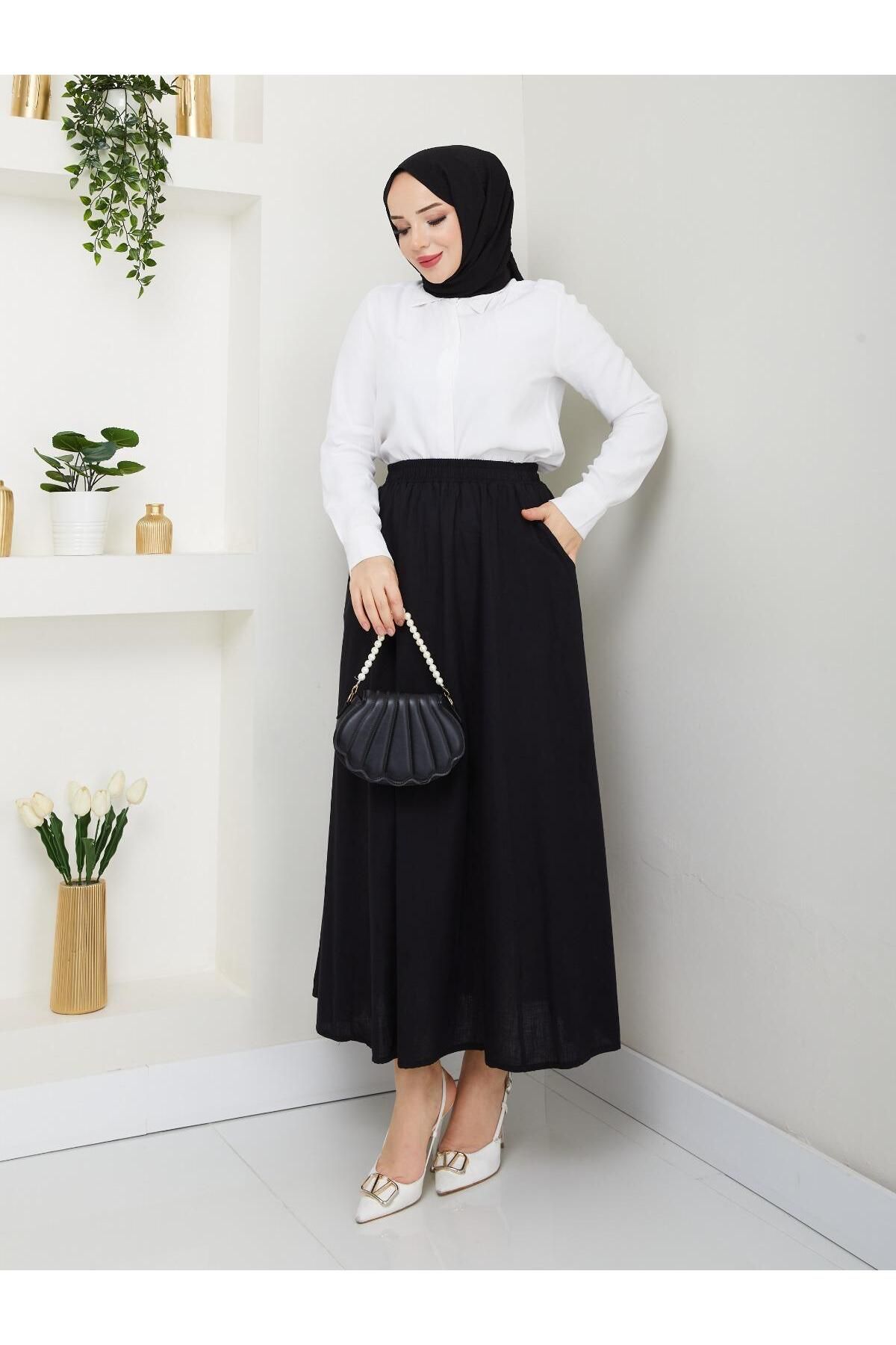 Nergis Neva Butik-Linen Skirt with Pockets and Elastic Waist 3