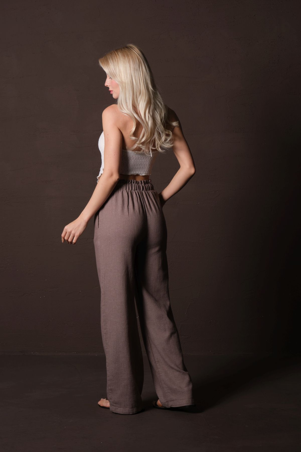 Domoda-Mink Cotton Elastic Waist and Drawstring Relaxed Cut Wide Leg Textured Summer Women's Trousers @Lagos 5