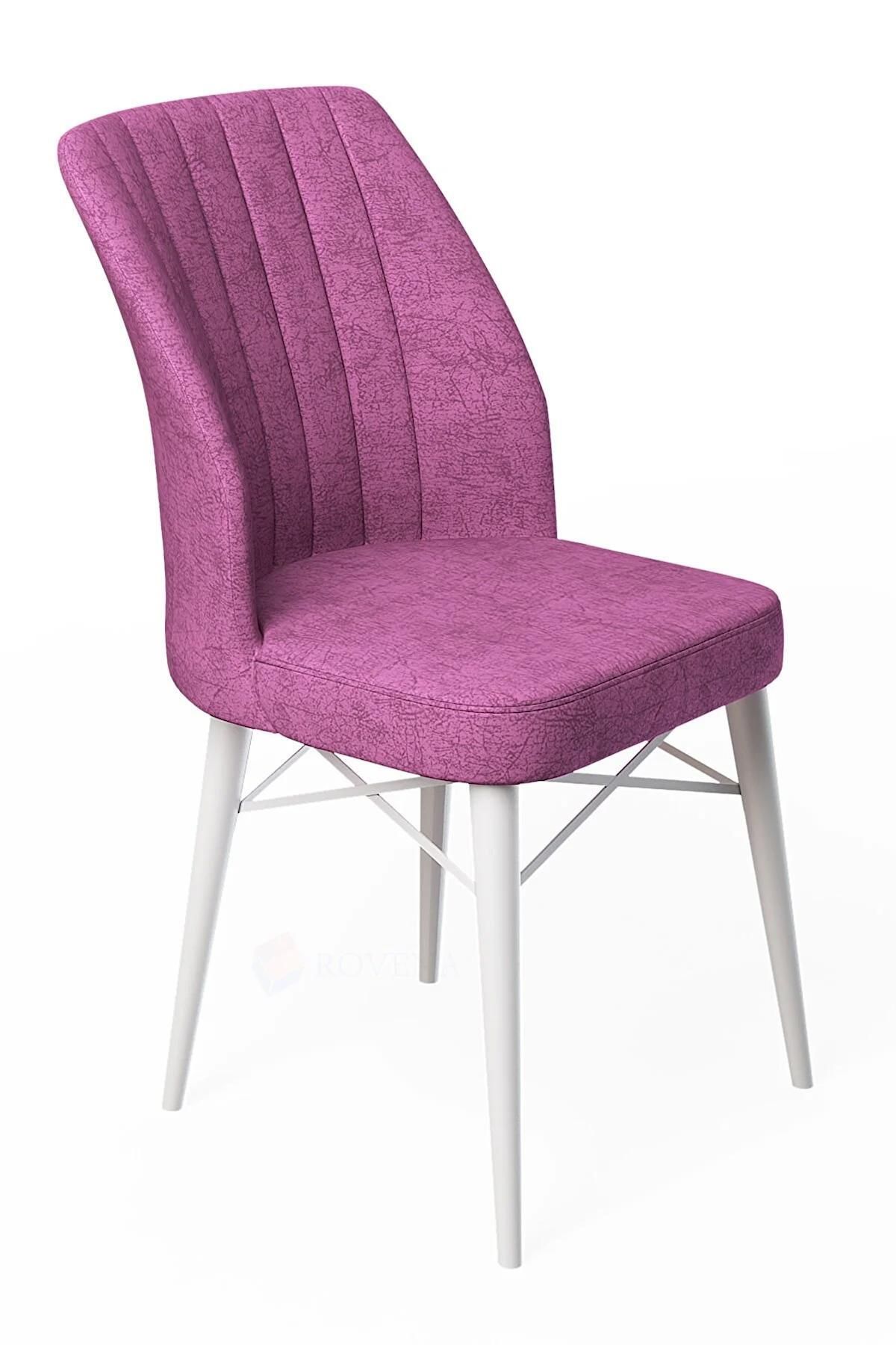 Lera Beyaz Mermer 70x110 Sabit Mdf Yemek Odası Takımı Gürgen Ayaklı 4 Adet Mor Sandalye-2