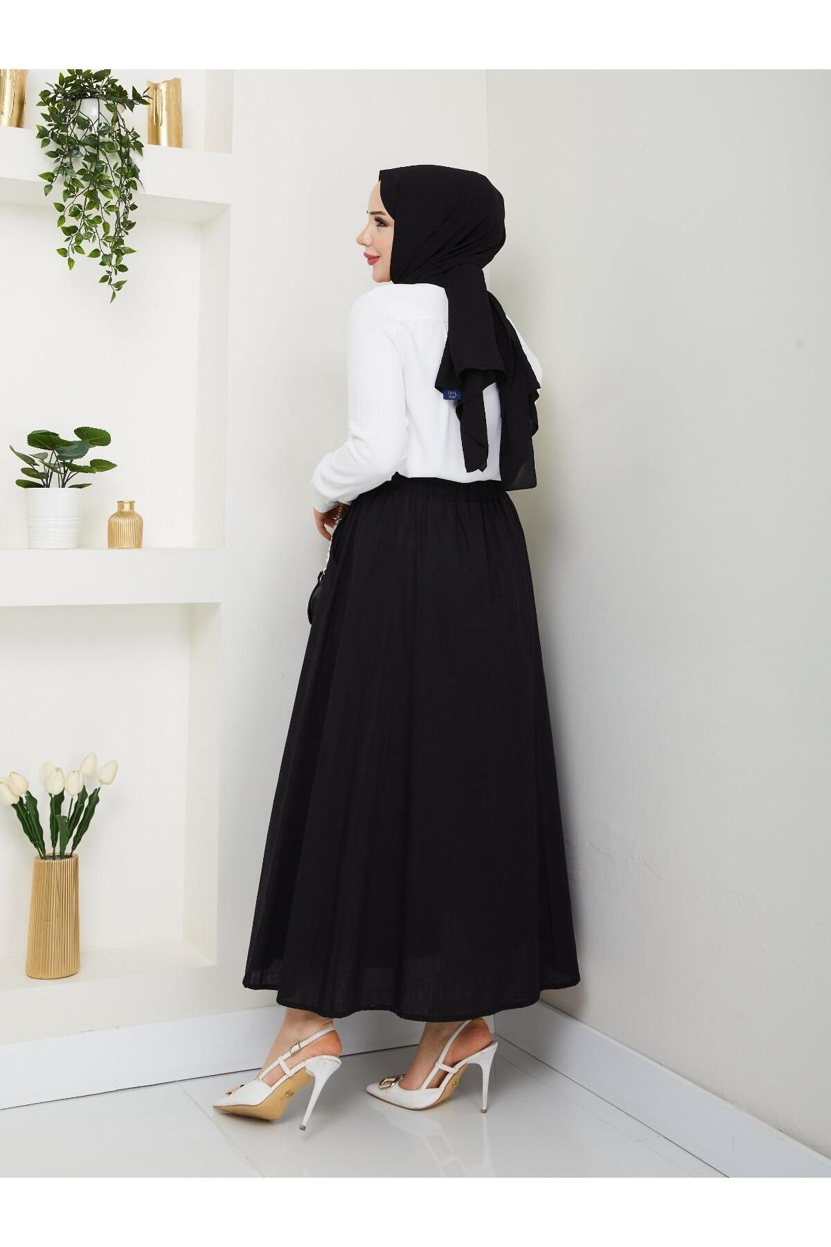 Nergis Neva Butik-Linen Skirt with Pockets and Elastic Waist 2