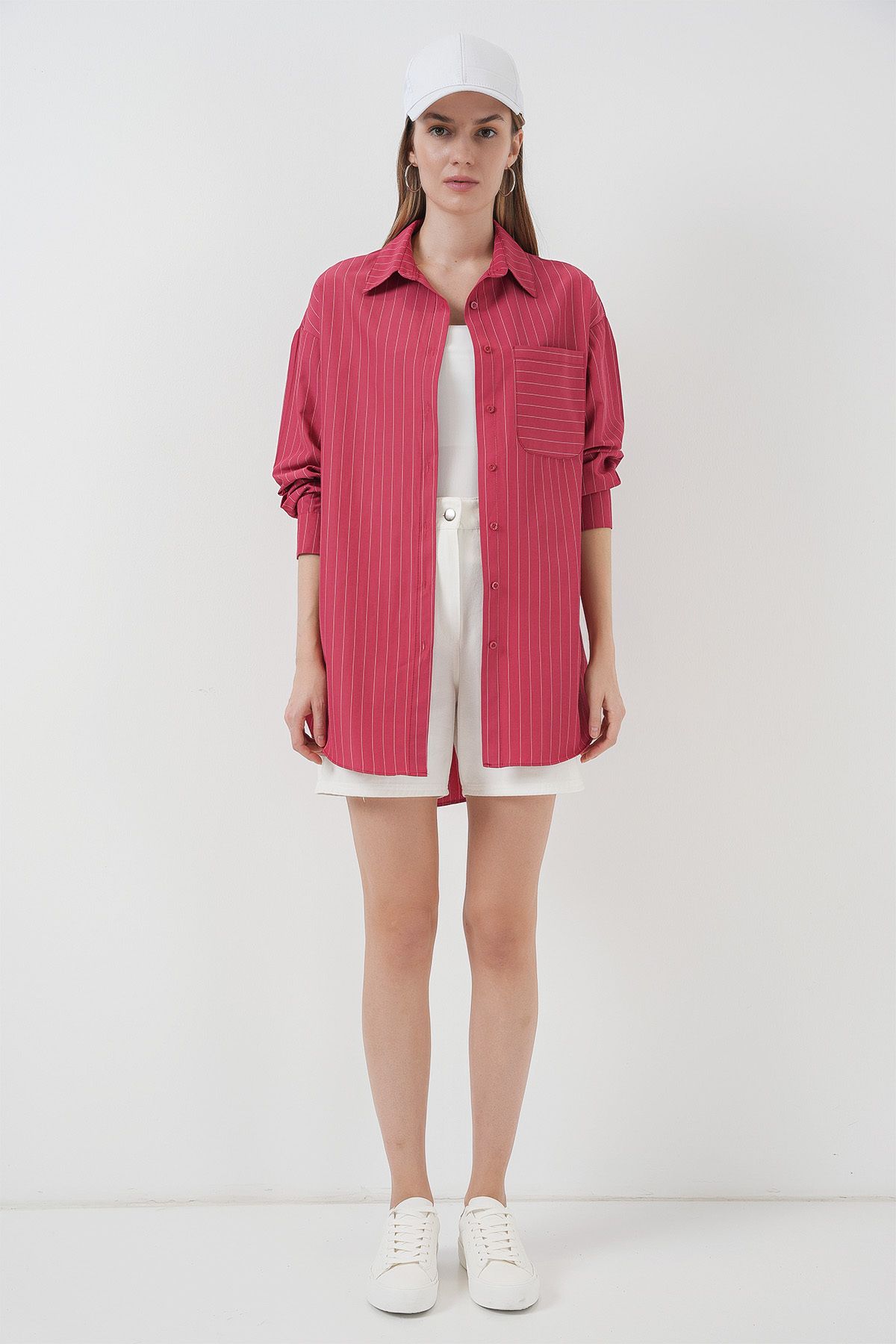Bigdart-20217 Gestreiftes Oversize-Hemd mit Taschendetail – Rot 2