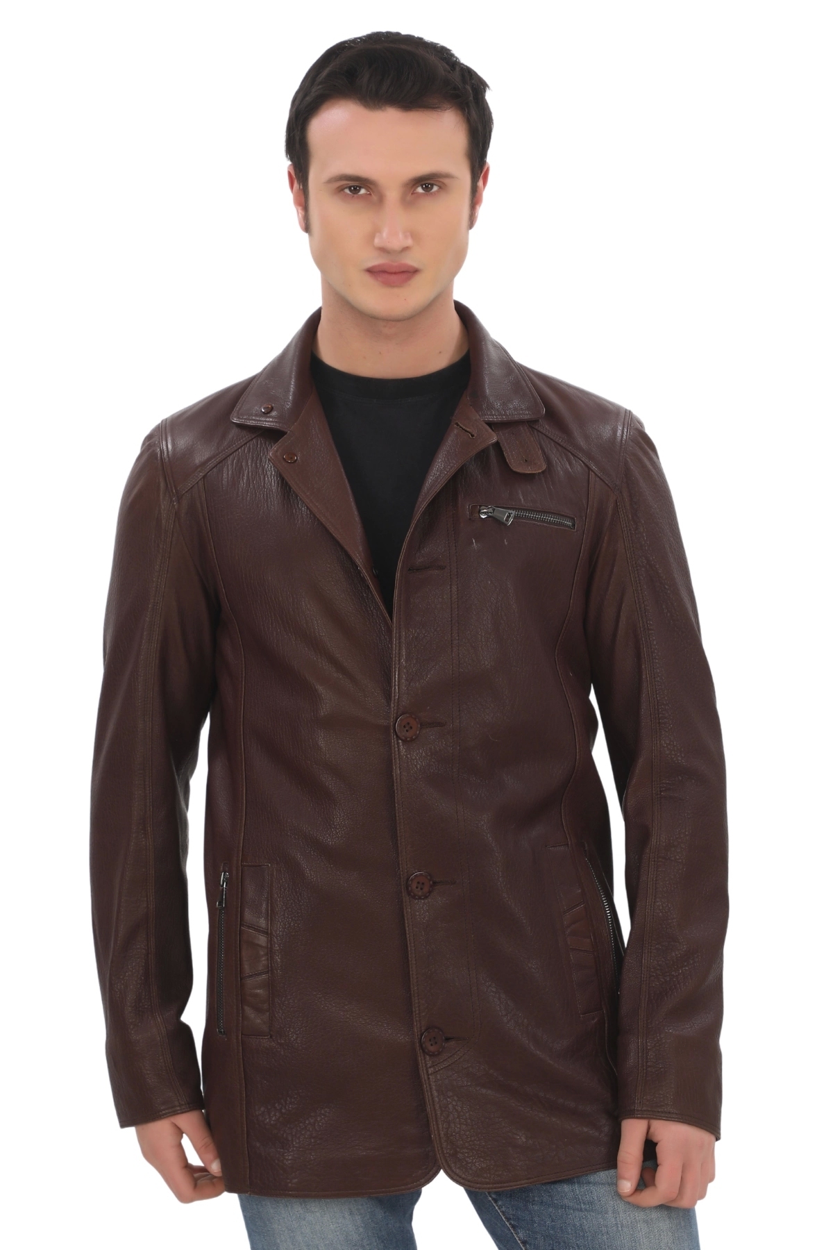 Erkek Hakiki Kuzu Derisi Ceket Klasik Yaka Kahverengi Düğmeli Deri Mont Şık ve Dayanıklı Erkek Kışlı