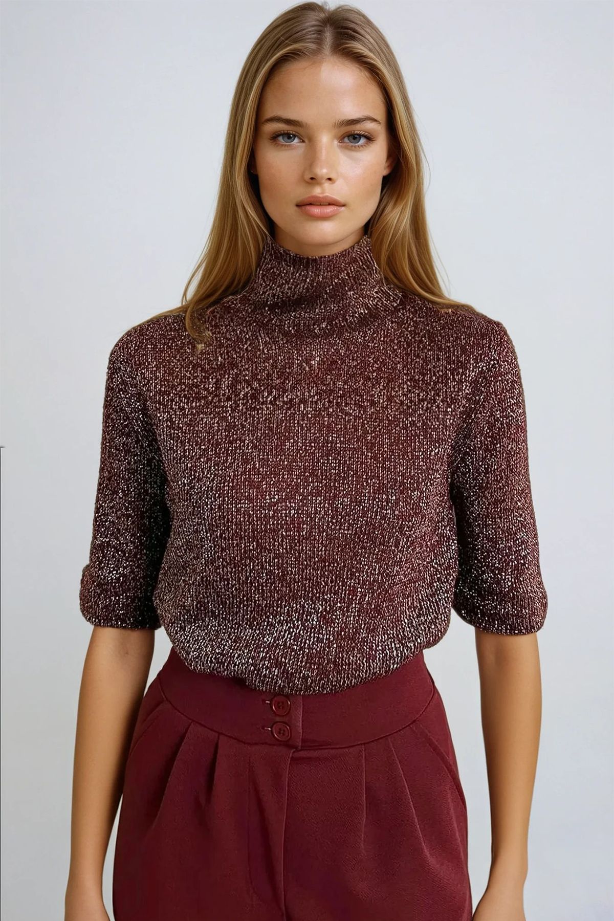 VAGGON-Women's Silvery Burgundy Half Turtleneck Half Sleeve Knitwear Blouse 3