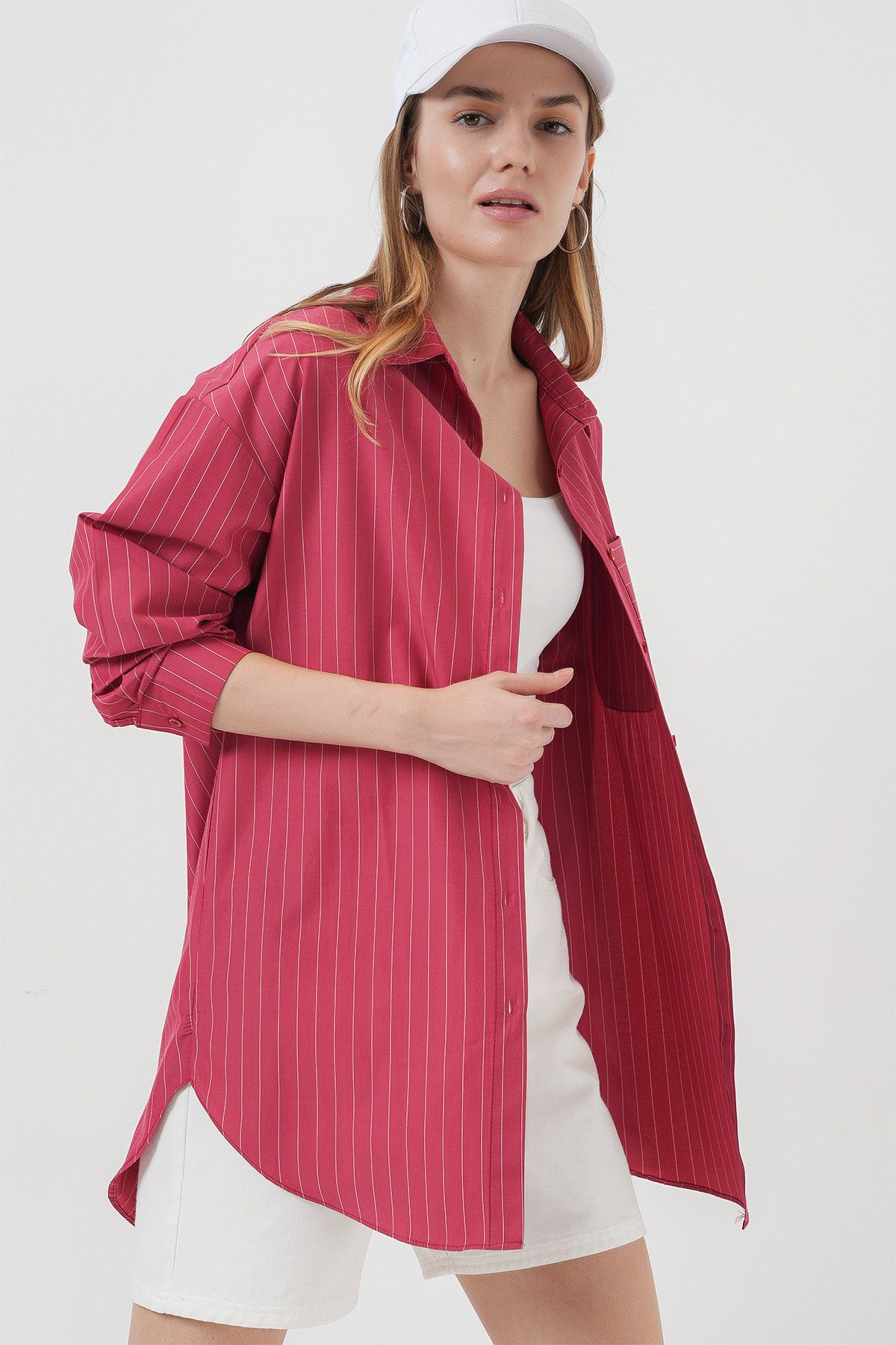 Bigdart-20217 Gestreiftes Oversize-Hemd mit Taschendetail – Rot 5