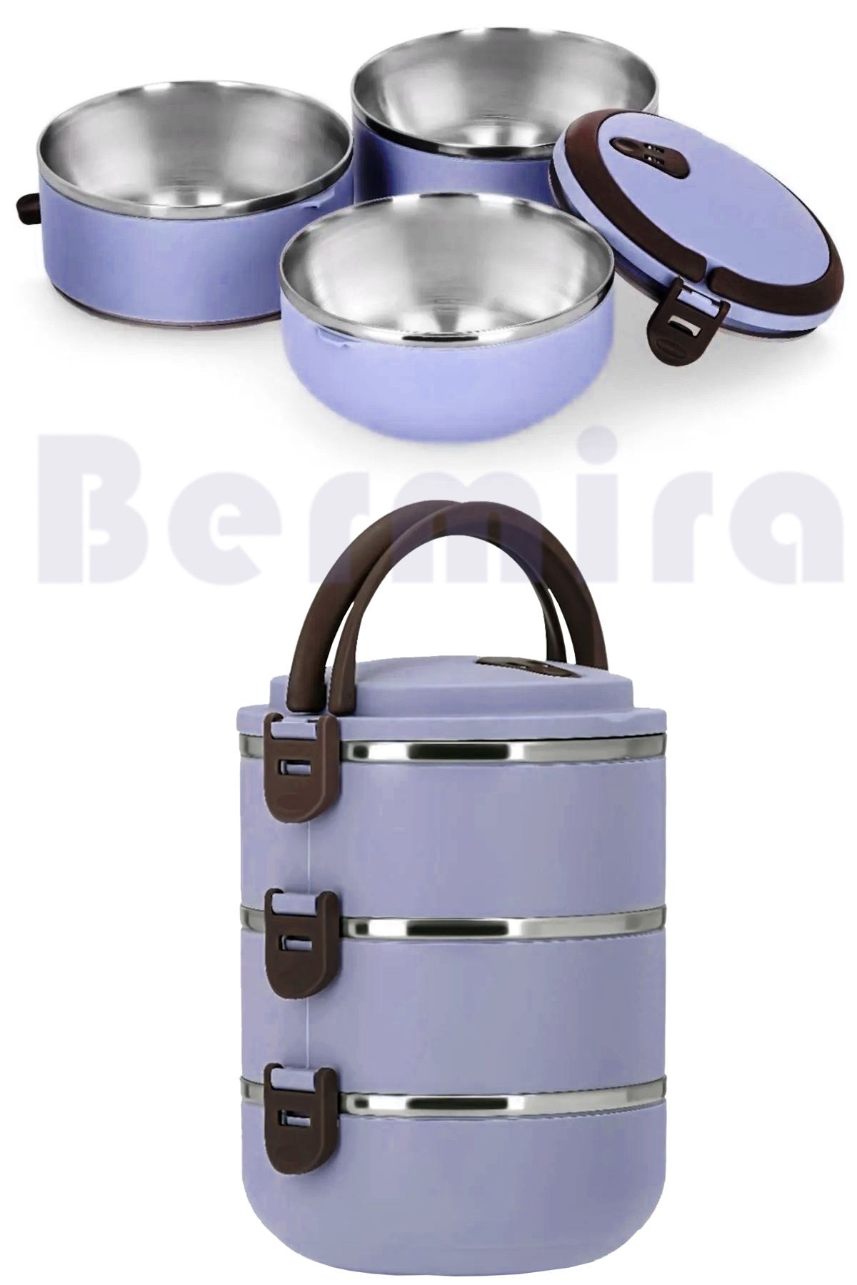 BERMİRA Home Collection YENİ RENK-3 Katlı Yemek Termosu Ve Sefer Tası Saklama Kabı *LİLA*