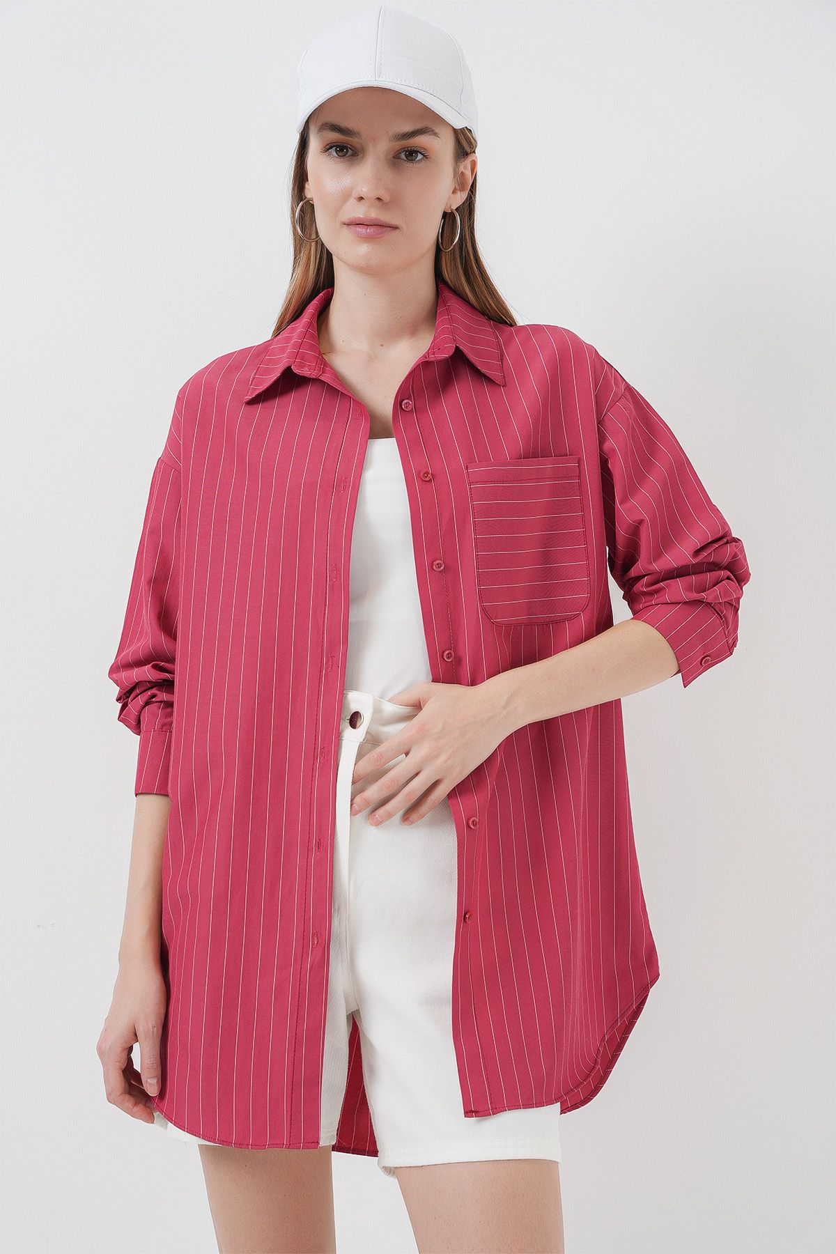 Bigdart-20217 Gestreiftes Oversize-Hemd mit Taschendetail – Rot 4