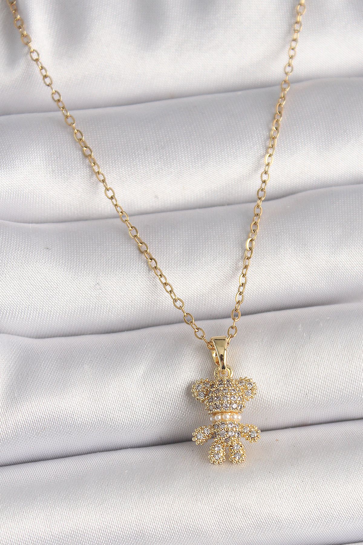 MMB Boutique 316L Çelik Gold Renk Zincir Zirkon Taşlı Ayıcık Figür Kadın Kolye