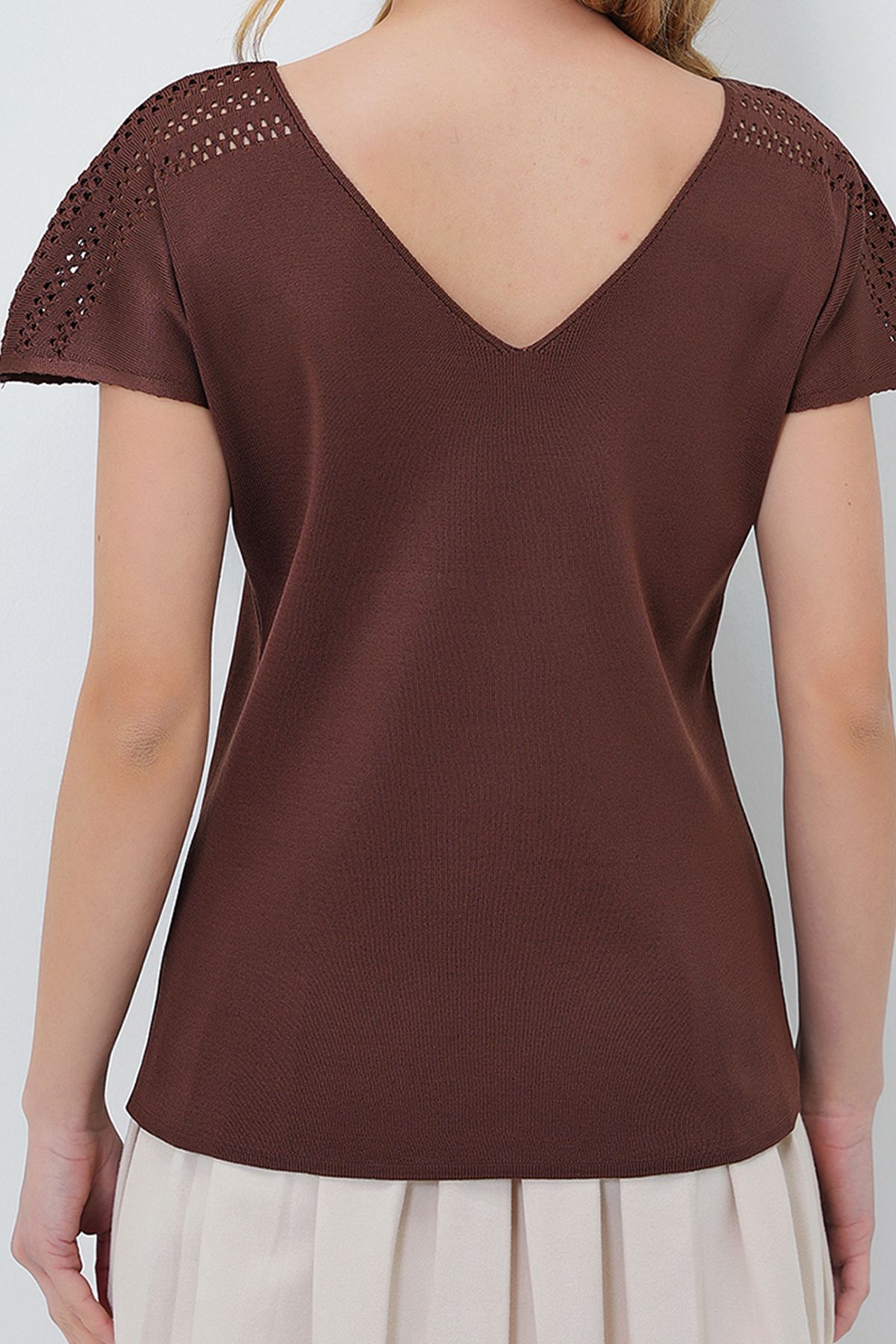 VAGGON-Front Back V-Neck Openwork Shoulder Knitwear Blouse 3