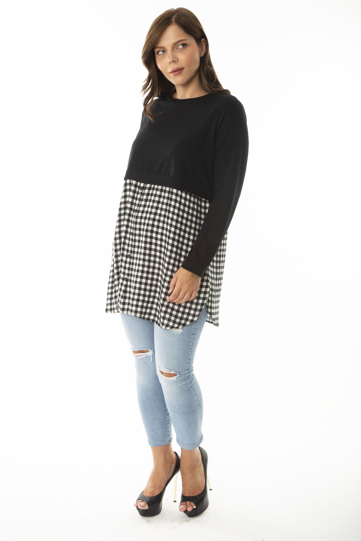 Şans-Women's Large Size Black Tunic with Plaid Pattern and Buttons at the Bottom 65N36961 5
