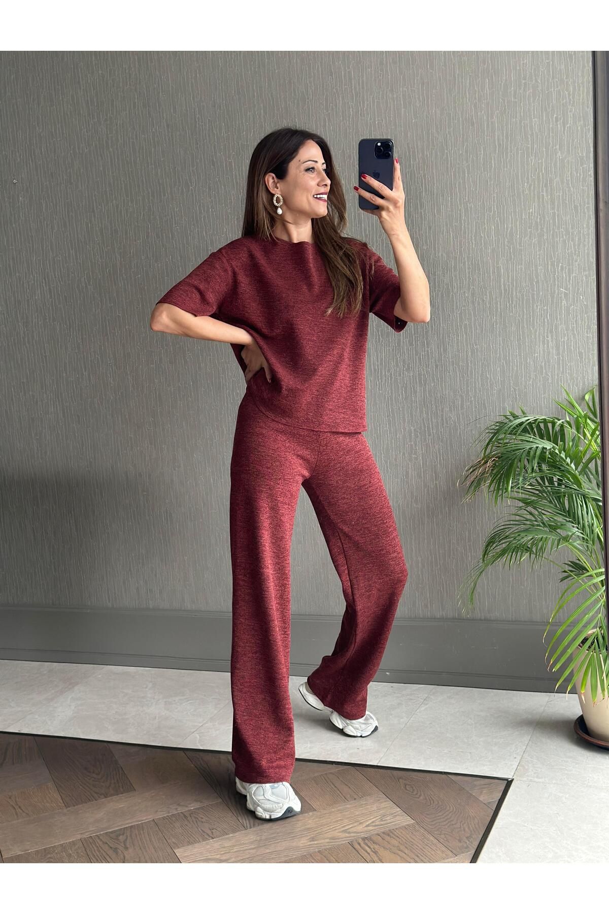 Forlady Butik Bordo Pike Örgü Kısa Kol Bluz Pantolon Kadın Alt Üst Takım