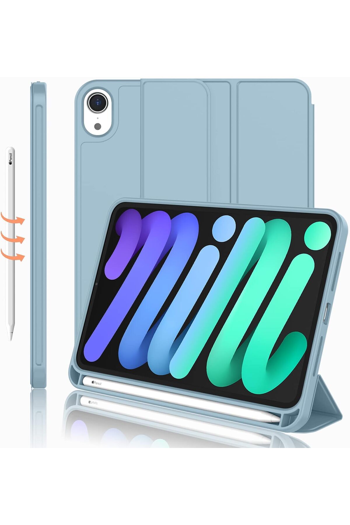 AWH-حافظة iPad Mini 6 مقاس 8.3 بوصة 2021 مع حامل قلم وحامل ثلاثي الطيات وخاصية الإيقاظ/السكون التلقائي - أزرق فاتح 1