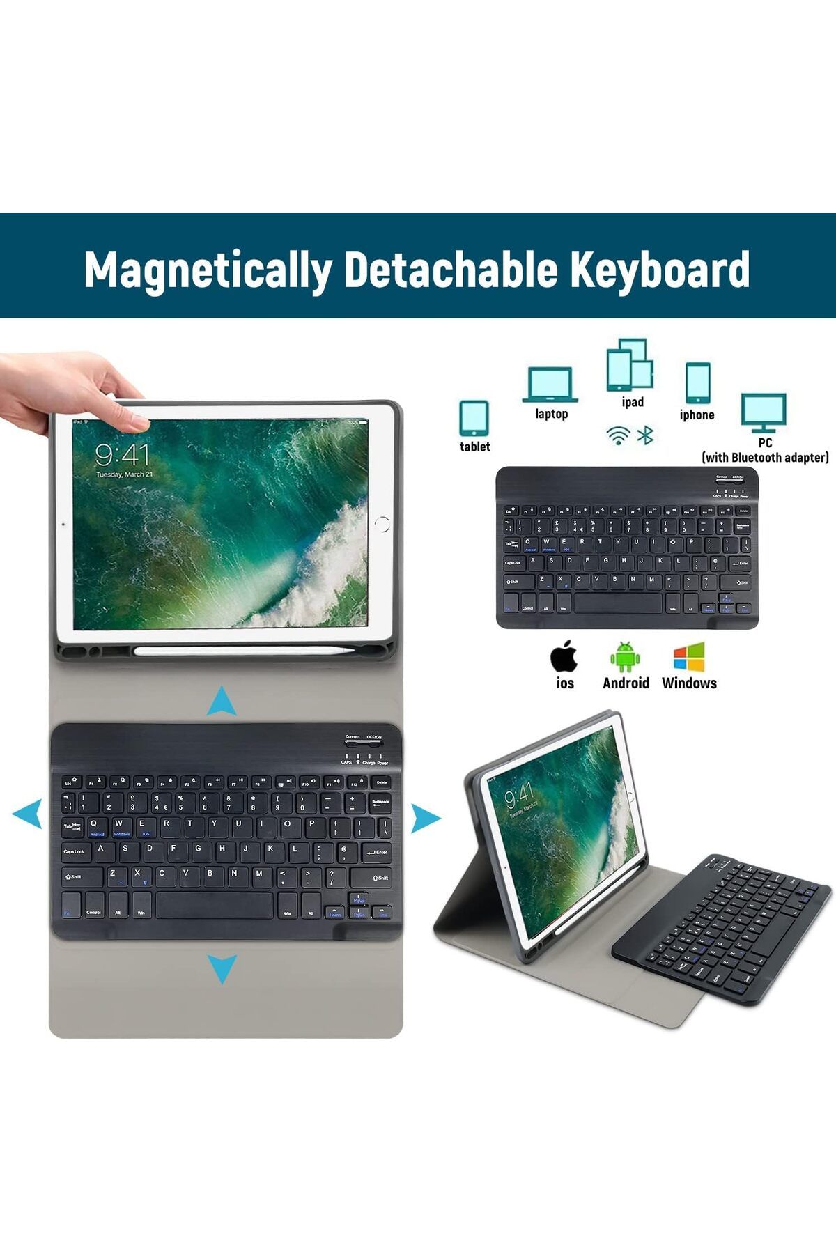 AWH-iPad 9.7 Keyboard Case,6th/5th Gen 2018/2017 & iPad Pro 9.7, Detachable Wireless Keyboard, Black 4