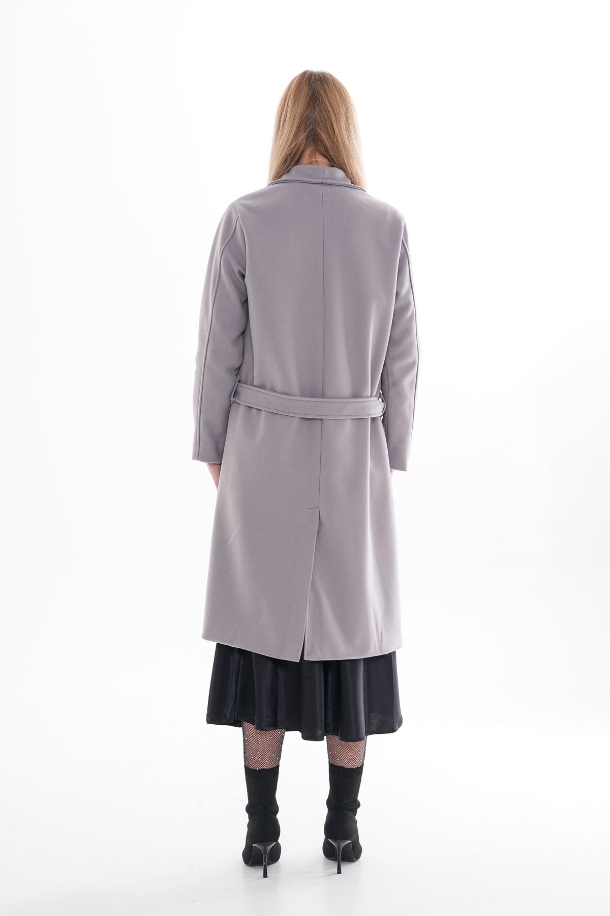 CurcunaShop-Knielanger, langer Wintermantel aus Kaschmir für Damen – Dunkelgrau mit Futter, Gürtel und Taschen 6