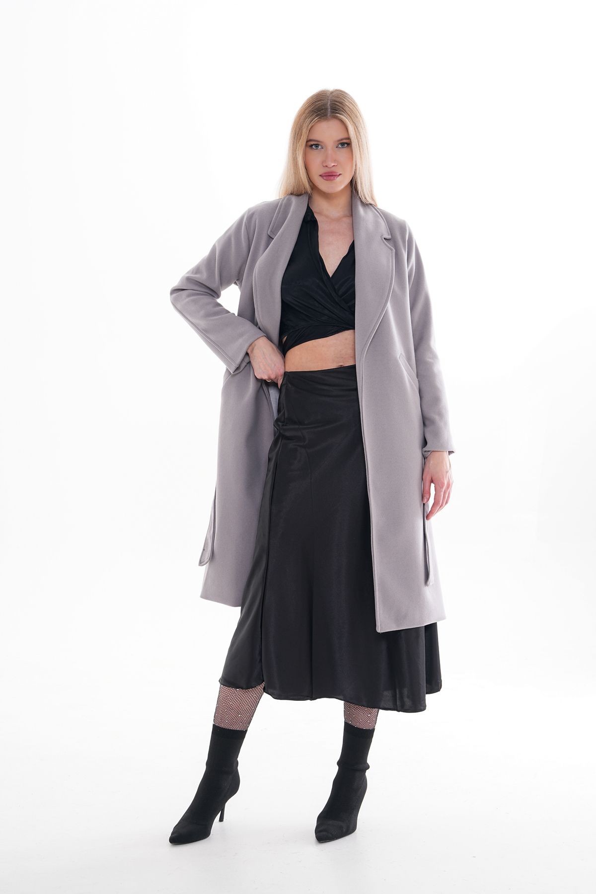CurcunaShop-Knielanger, langer Wintermantel aus Kaschmir für Damen – Dunkelgrau mit Futter, Gürtel und Taschen 5