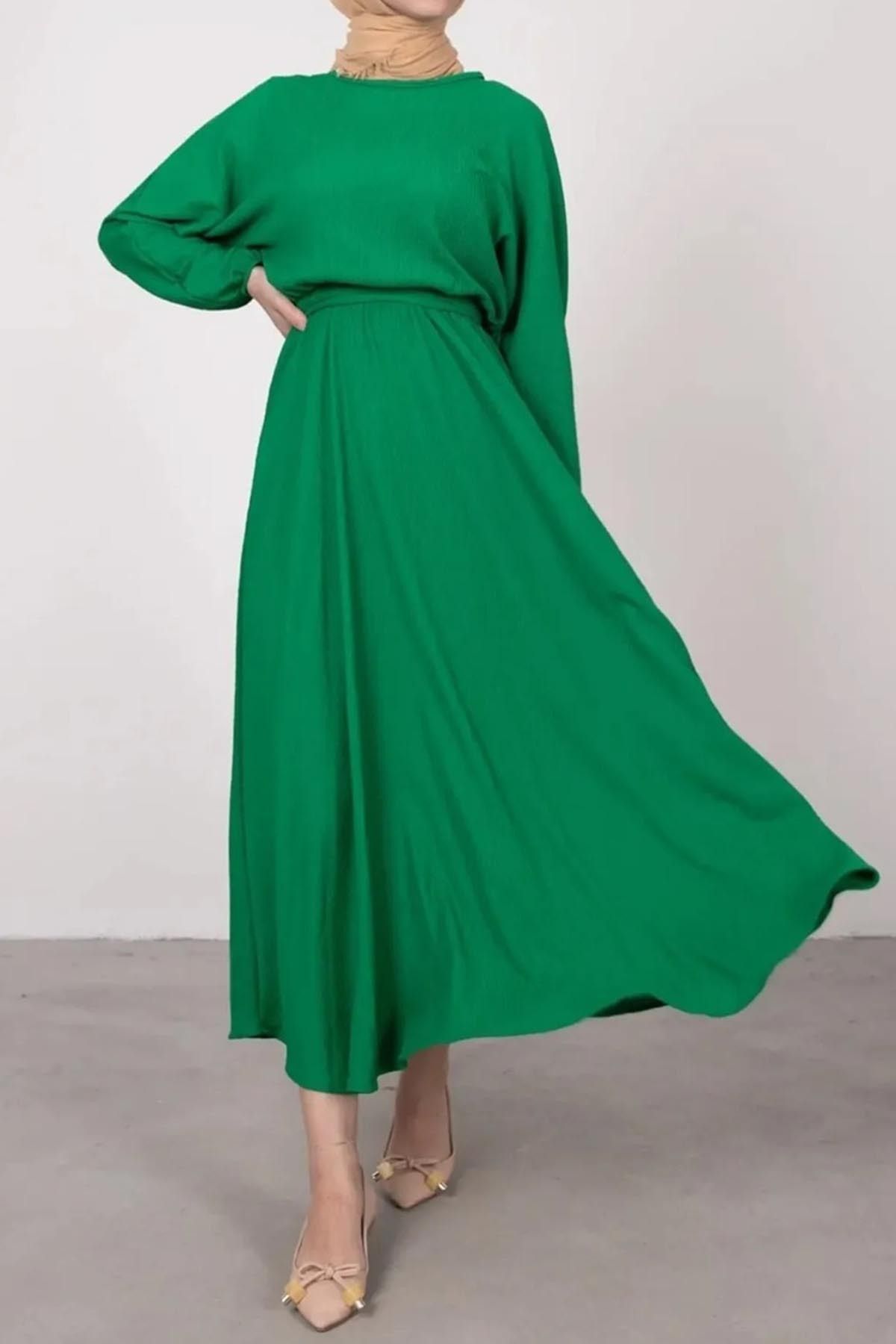 Swana-Γυναικείο Hijab φόρεμα Grass Green - Αυτο-υφή, Άνετο Flared 2