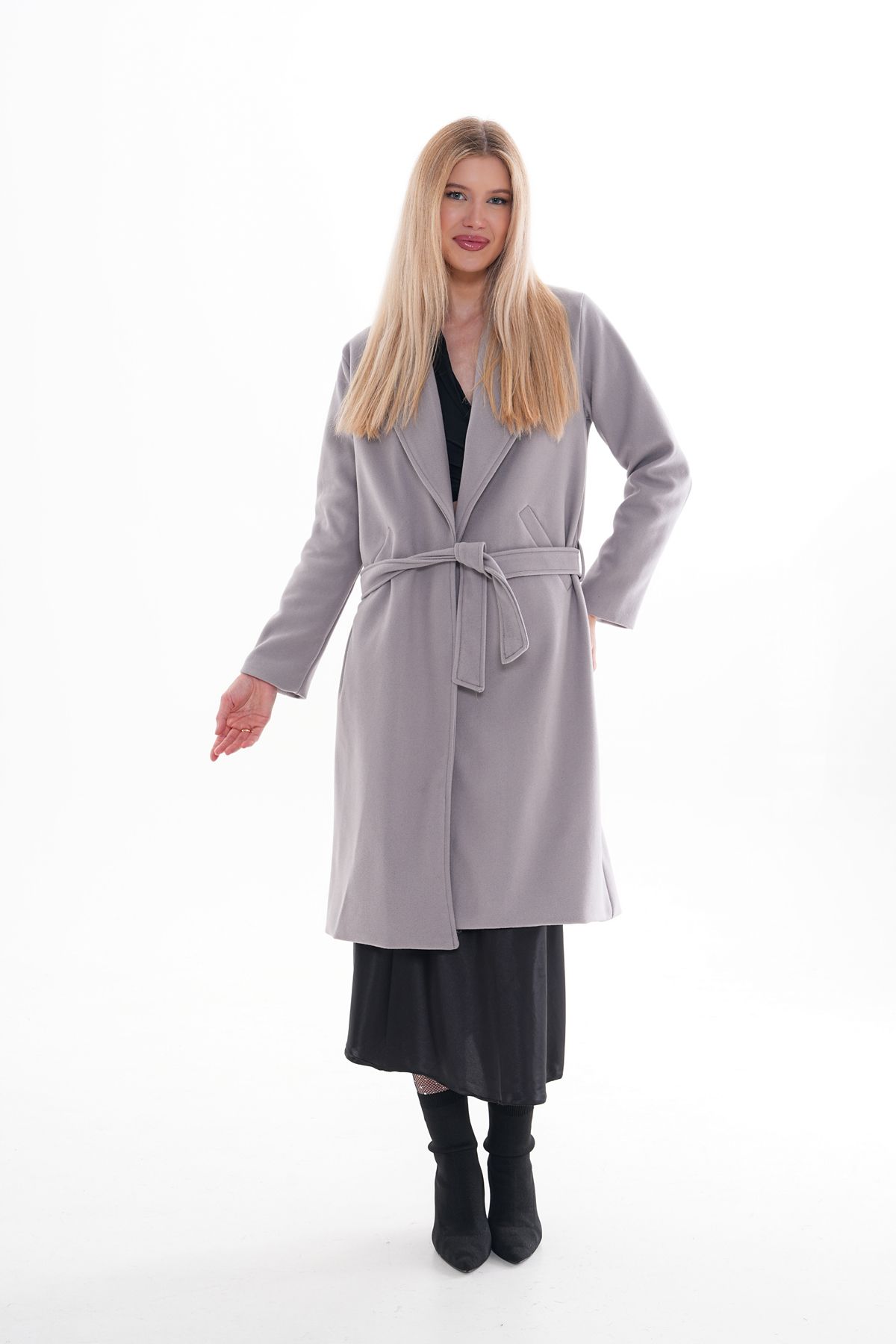 CurcunaShop-Knielanger, langer Wintermantel aus Kaschmir für Damen – Dunkelgrau mit Futter, Gürtel und Taschen 8
