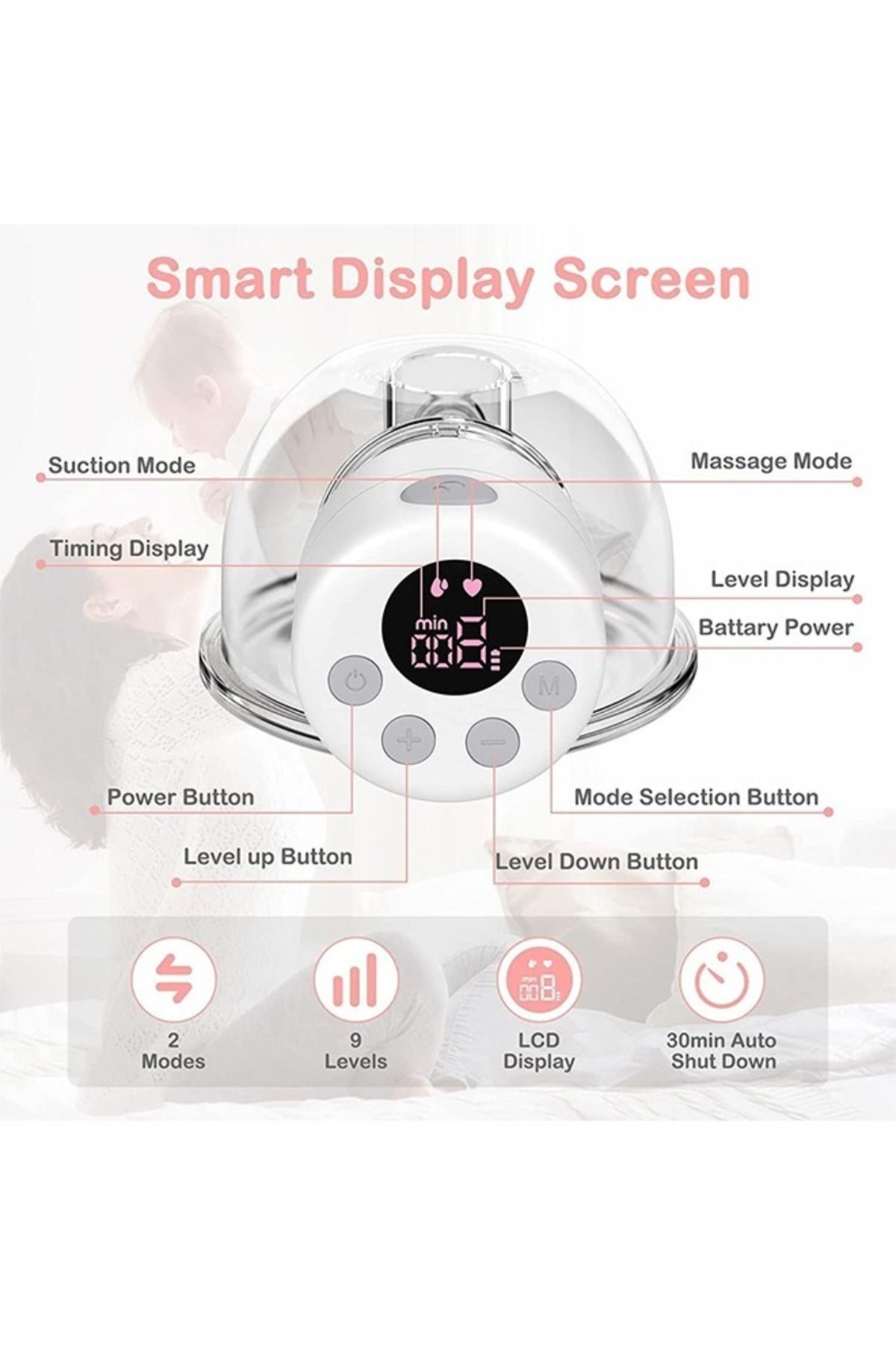 Cady One-2 Wearable Electric Breast Pump with LCD Display, 9 Levels and 2 Modes Rechargeable 4