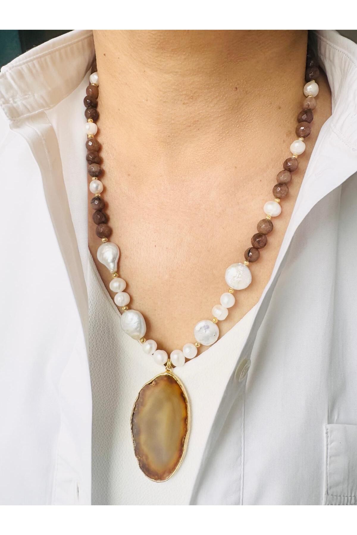 DEVİ fashion-Real Pearl and Natural Stone Design Necklace 58 cm 2