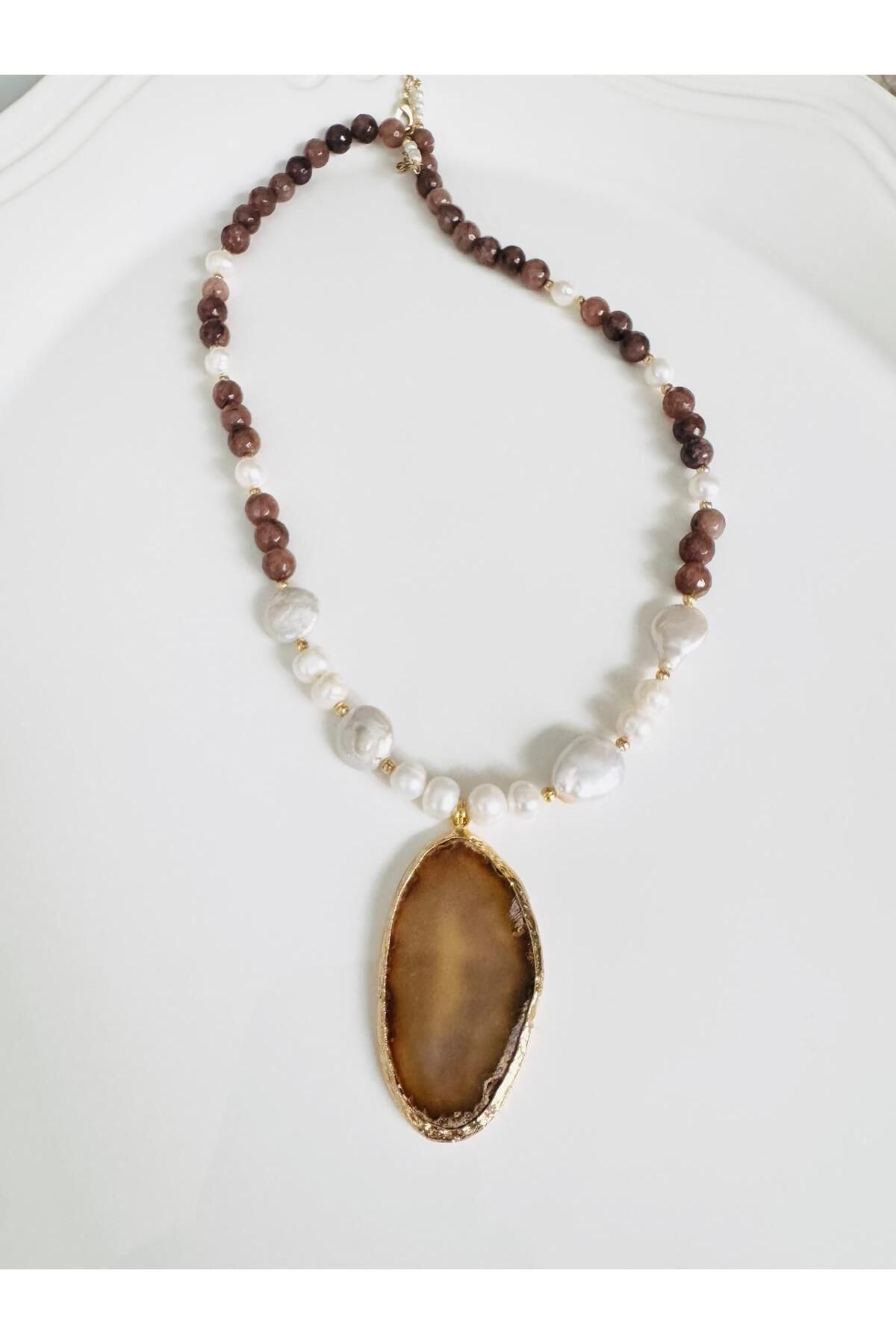 DEVİ fashion-Real Pearl and Natural Stone Design Necklace 58 cm 4