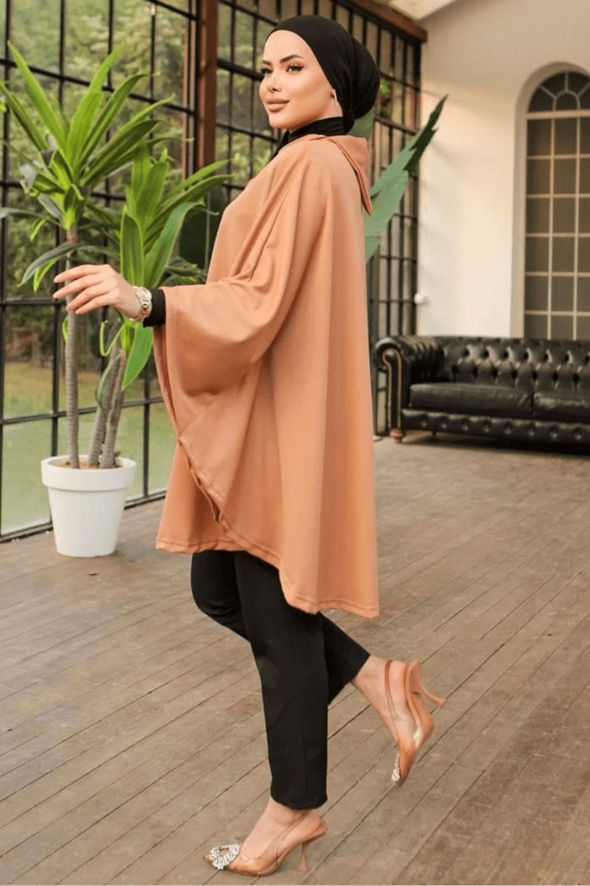 NEZADE STORE-Stylish Design Beige Shawl Collar Poncho with Button Detail 4