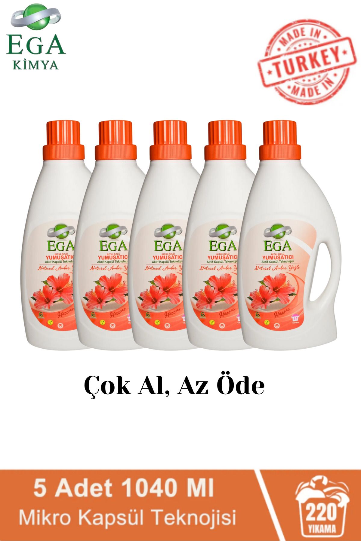 Ega Kimya Aktif Kapsül Teknolojili Amber Çamaşır Yumuşatıcısı 5 X 1040 ml 220 Yıkama