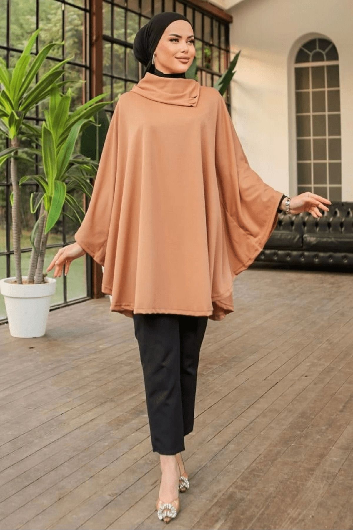 NEZADE STORE-Stylish Design Beige Shawl Collar Poncho with Button Detail 5