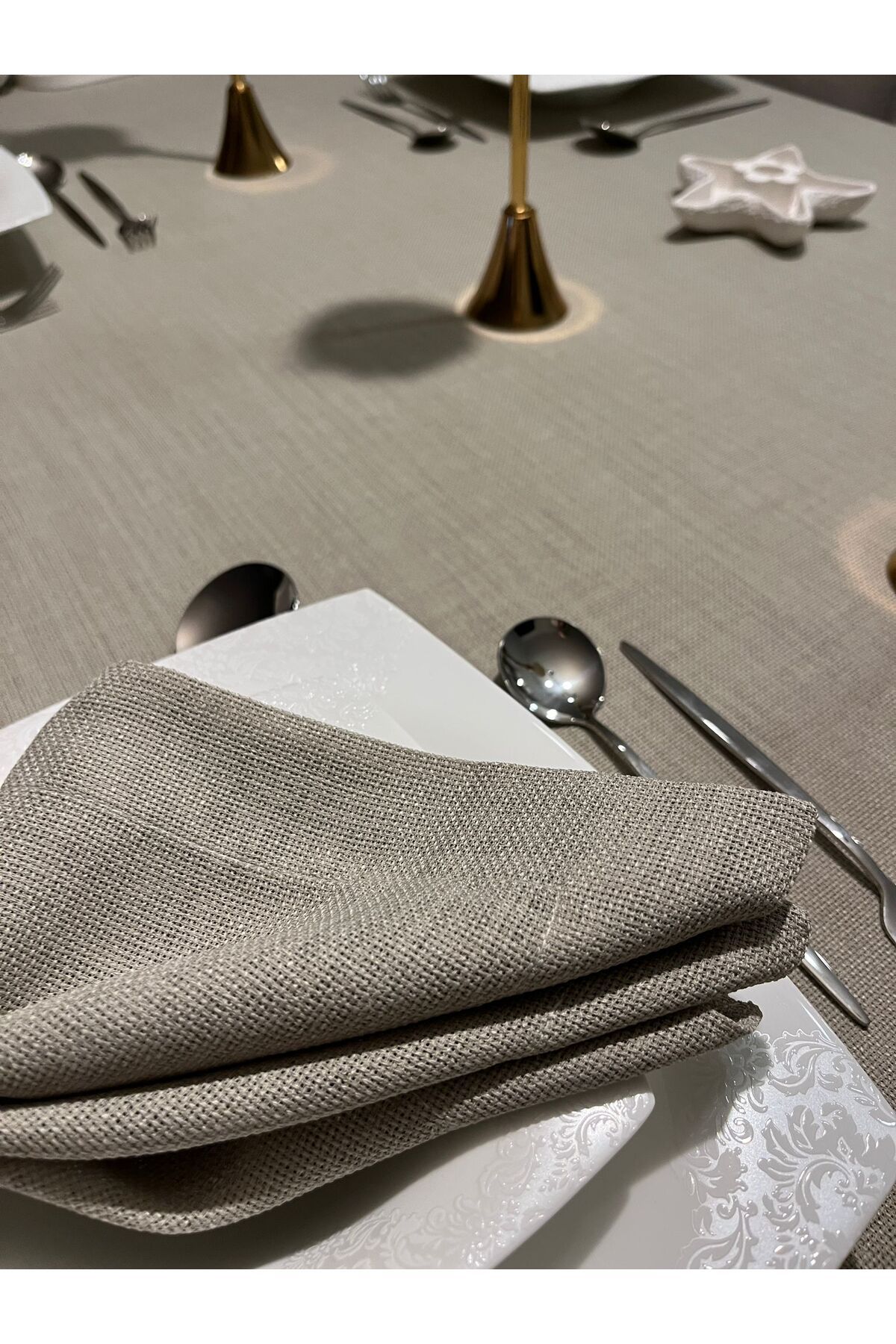 Zeren Home-Polyester Linen Linen Dartless Tablecloth Stone Color + 6 Napkins 3