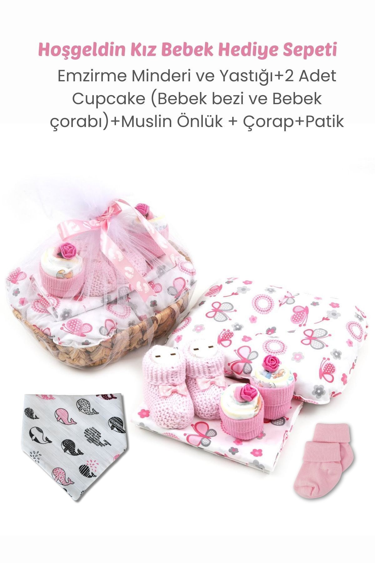 ESRARENGİZ HEDİYELER-Nursing Pillow and Bib for Baby Girl - Booties, Socks, Diapers and Gift Basket 1